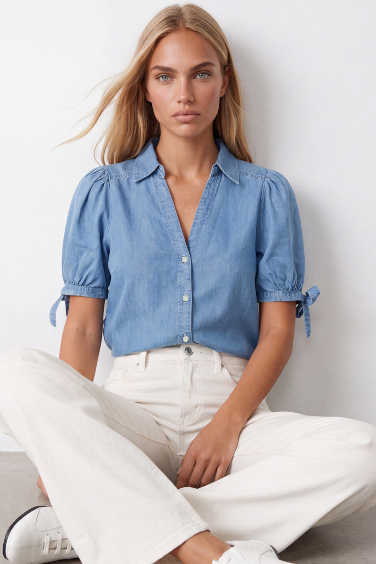 Kadın Mavi Kolları Bağlama Detaylı Denim Gömlek Alc-X15595