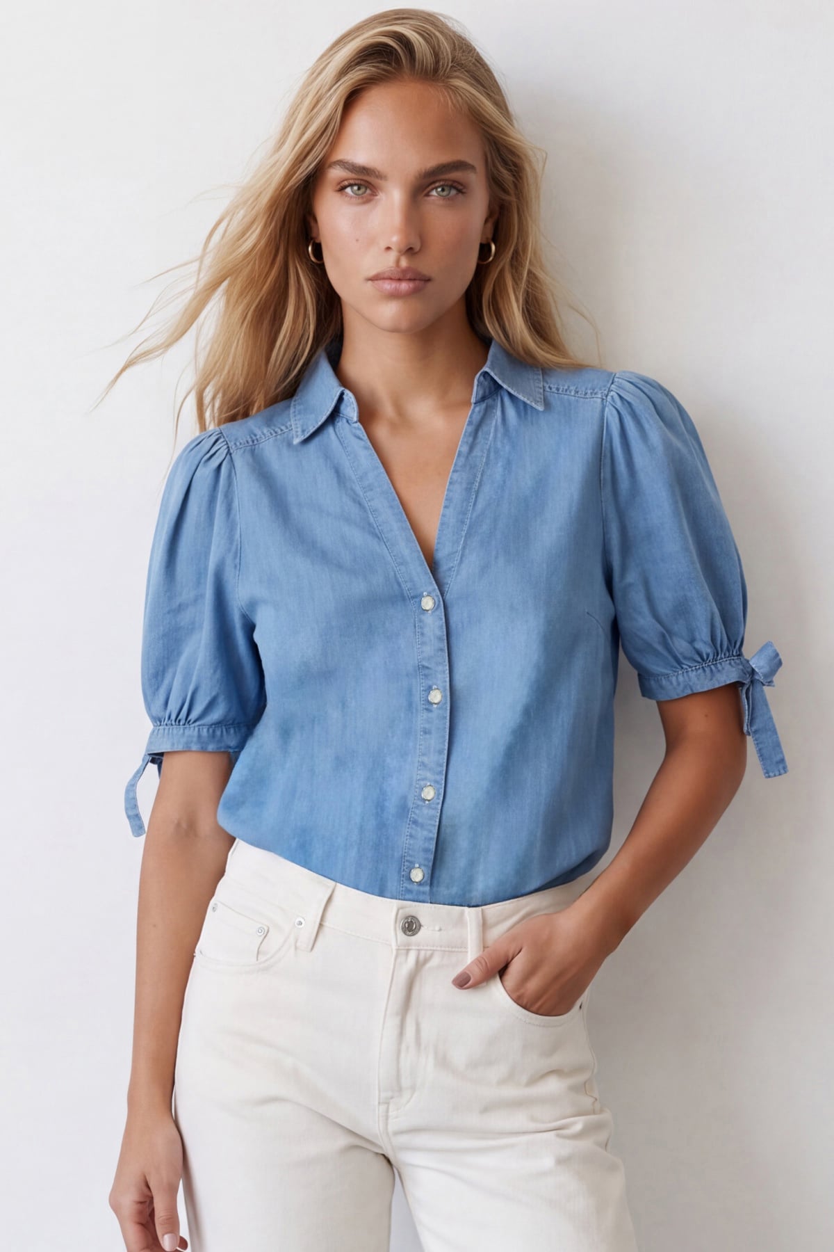 Kadın Mavi Kolları Bağlama Detaylı Denim Gömlek Alc-X15595