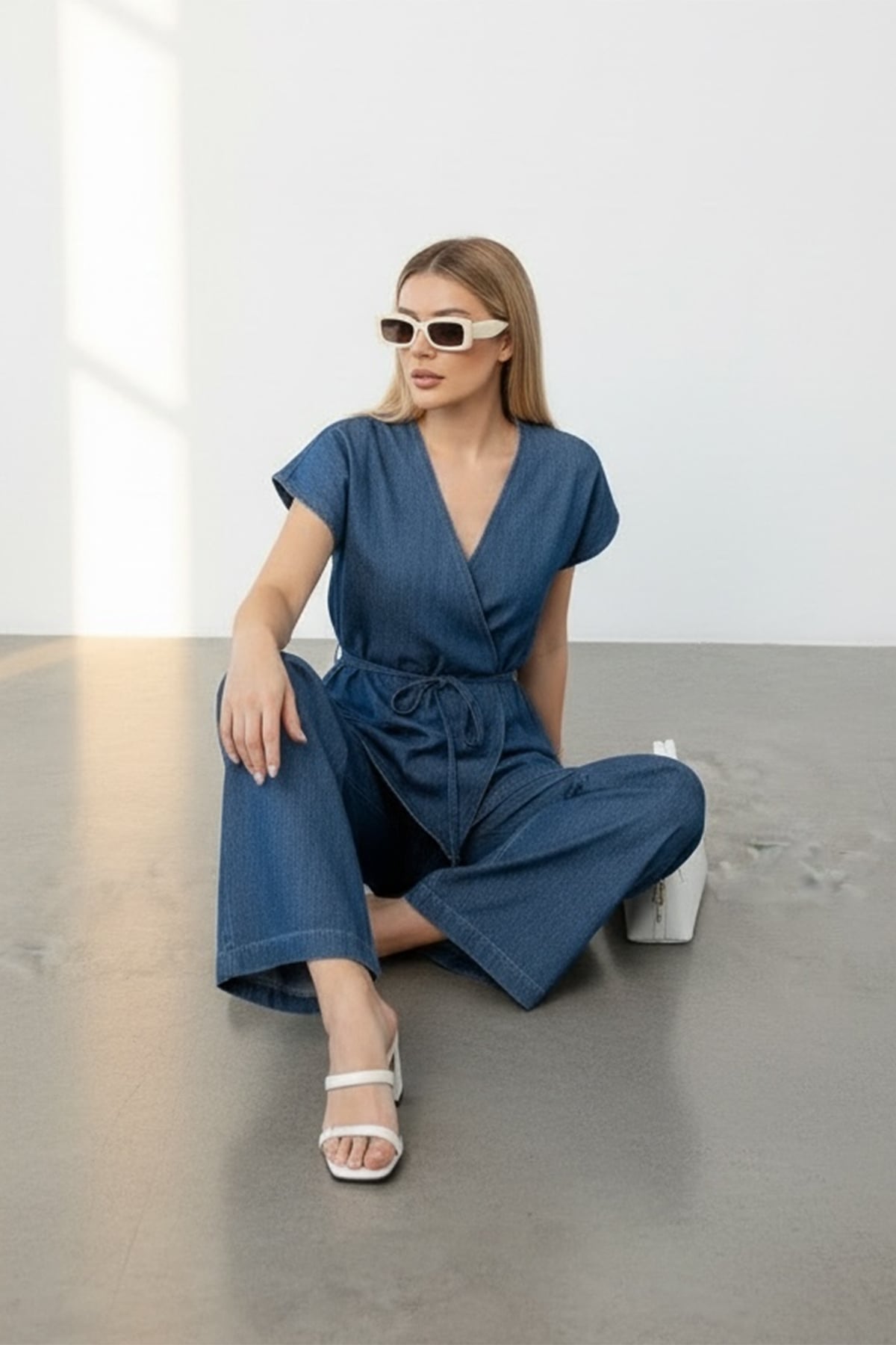 Kadın Mavi Kruvaze Kapama Bağlama Detaylı Yazlık Jean Bluz Ve Pantolon Takım Alc-X15326