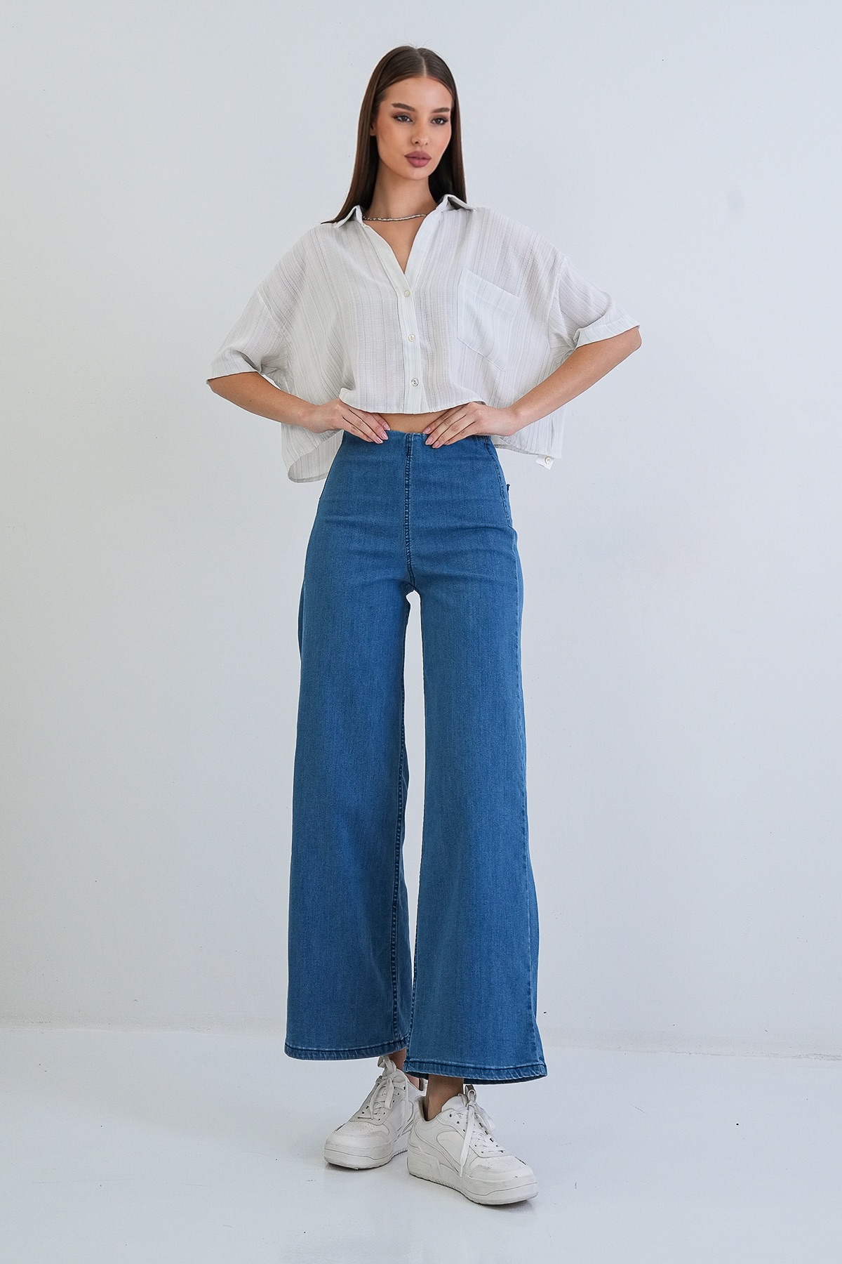 Kadın Mavi Yüksek Bel Beli Lastikli Wide Leg Jean Pantolon Alc-X15386