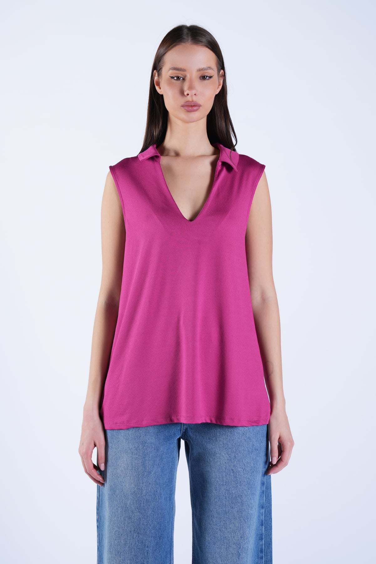 Kadın Mor Polo Yaka Göğüs Dekolteli Kolsuz Bluz Alc-X15095