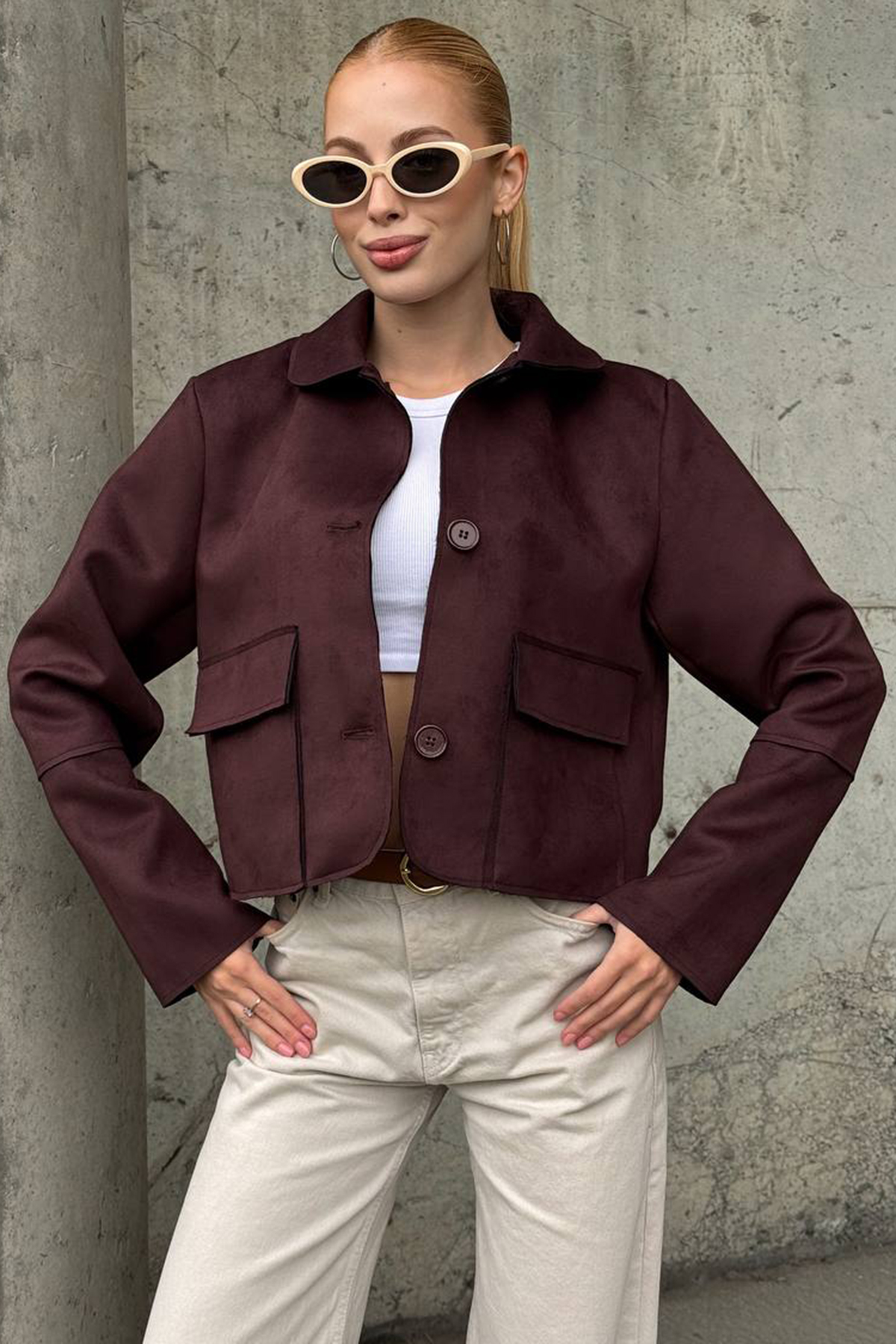 Kadın MÜRDÜM Düğmeli Cep Detaylı Süet Ceket VS01424