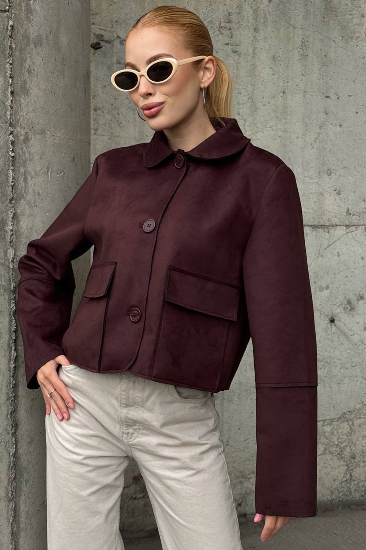 Kadın MÜRDÜM Düğmeli Cep Detaylı Süet Ceket VS01424