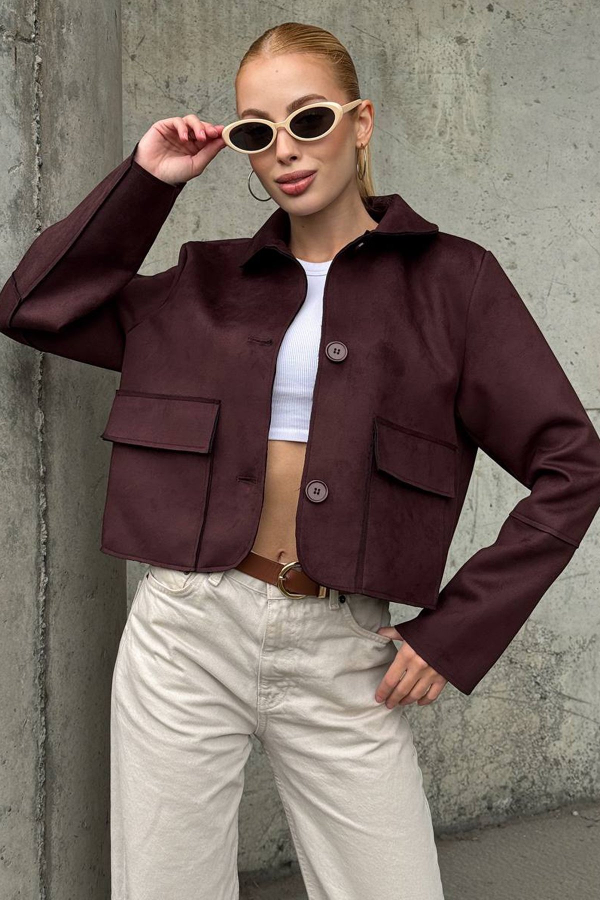 Kadın MÜRDÜM Düğmeli Cep Detaylı Süet Ceket VS01424