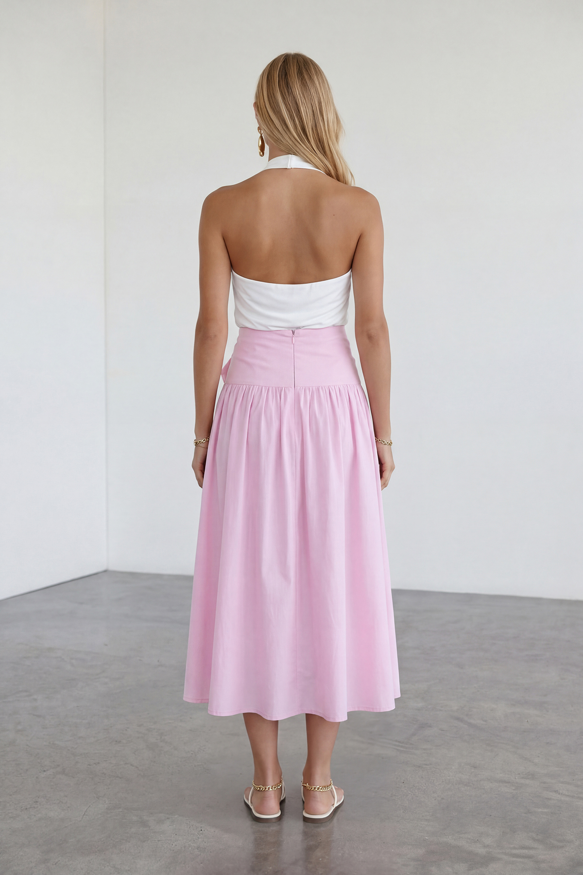 Kadın Pembe Beli Bağlamalı Fermuarlı İçi Astarlı Midi Poplin Etek Alc-X15519