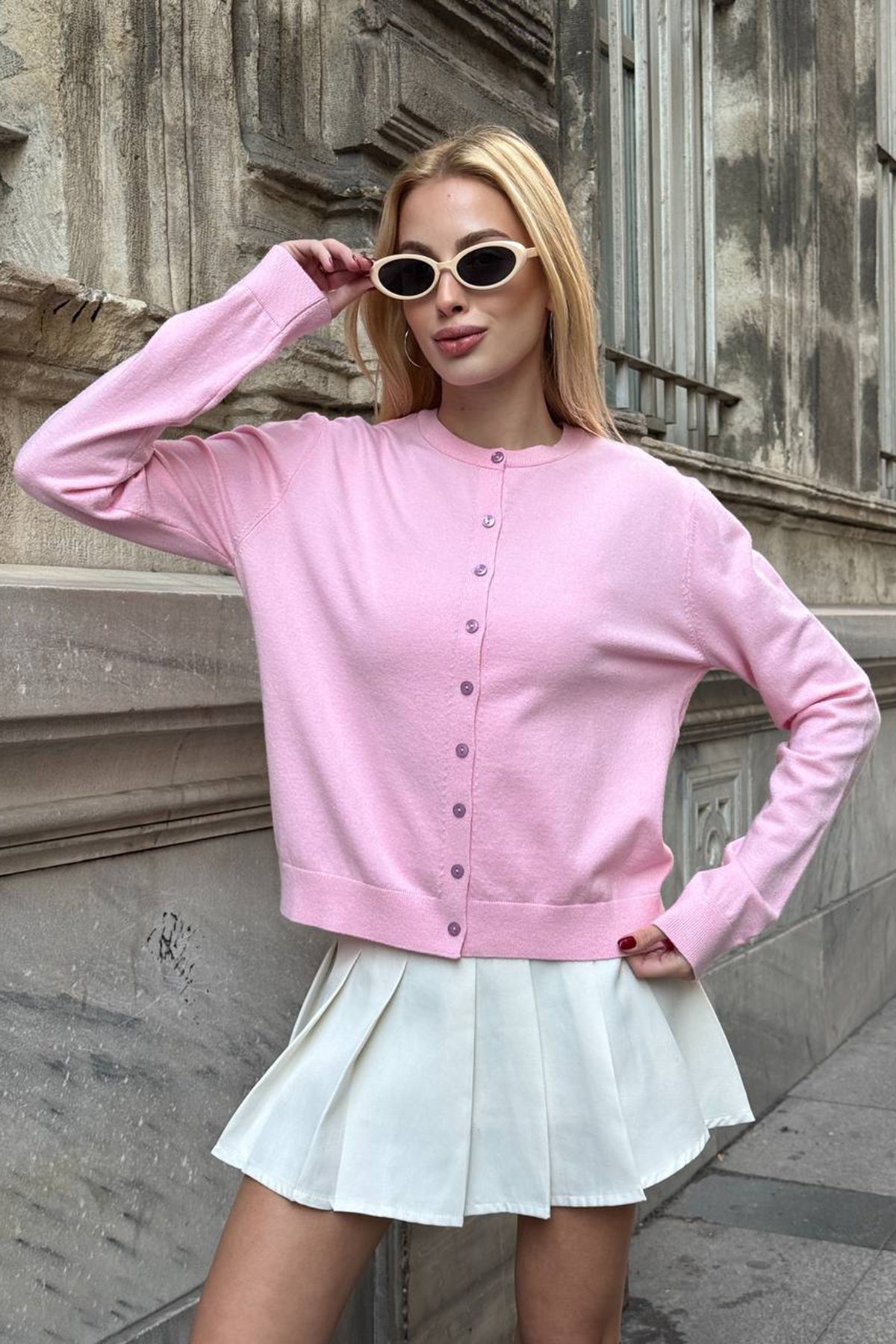 Kadın PEMBE Bisiklet Yaka Düğmeli Triko Hırka VS01640