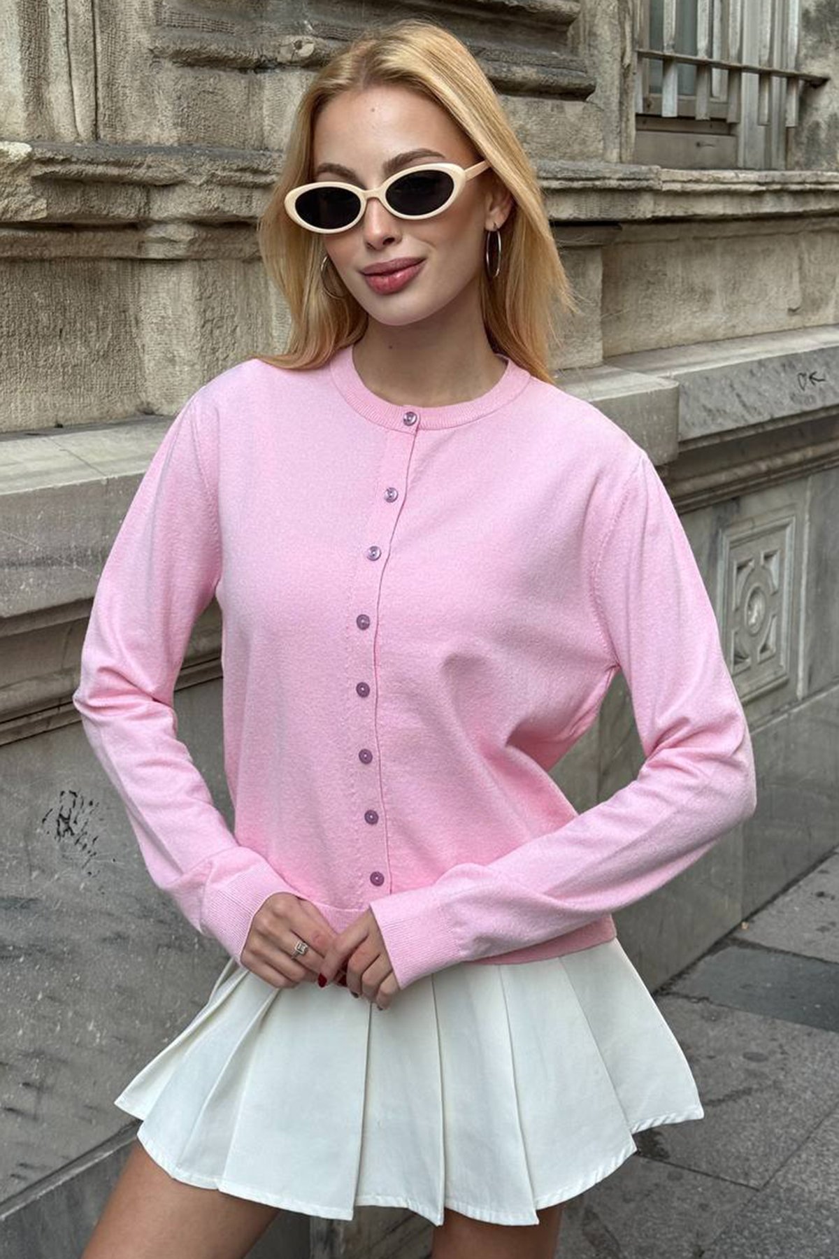 Kadın PEMBE Bisiklet Yaka Düğmeli Triko Hırka VS01640