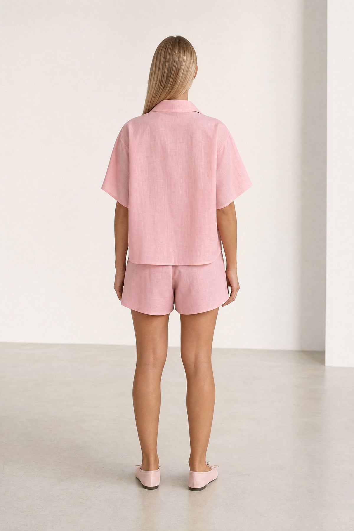 Kadın Pembe Ceket Yaka Oversize Keten Gömlek Ve Bağlamalı Şort Etek Takım Alc-X13941