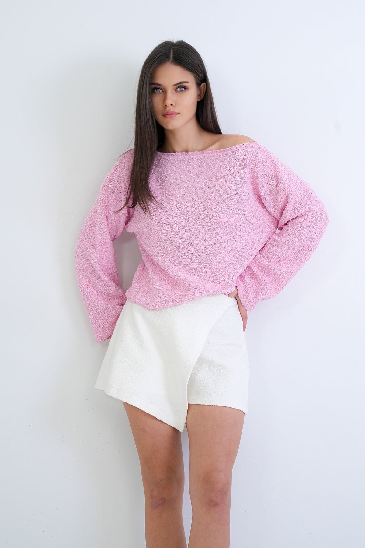 Kadın Pembe Kayık Yaka Kabartma Dokulu Triko Bluz Alc-X15278