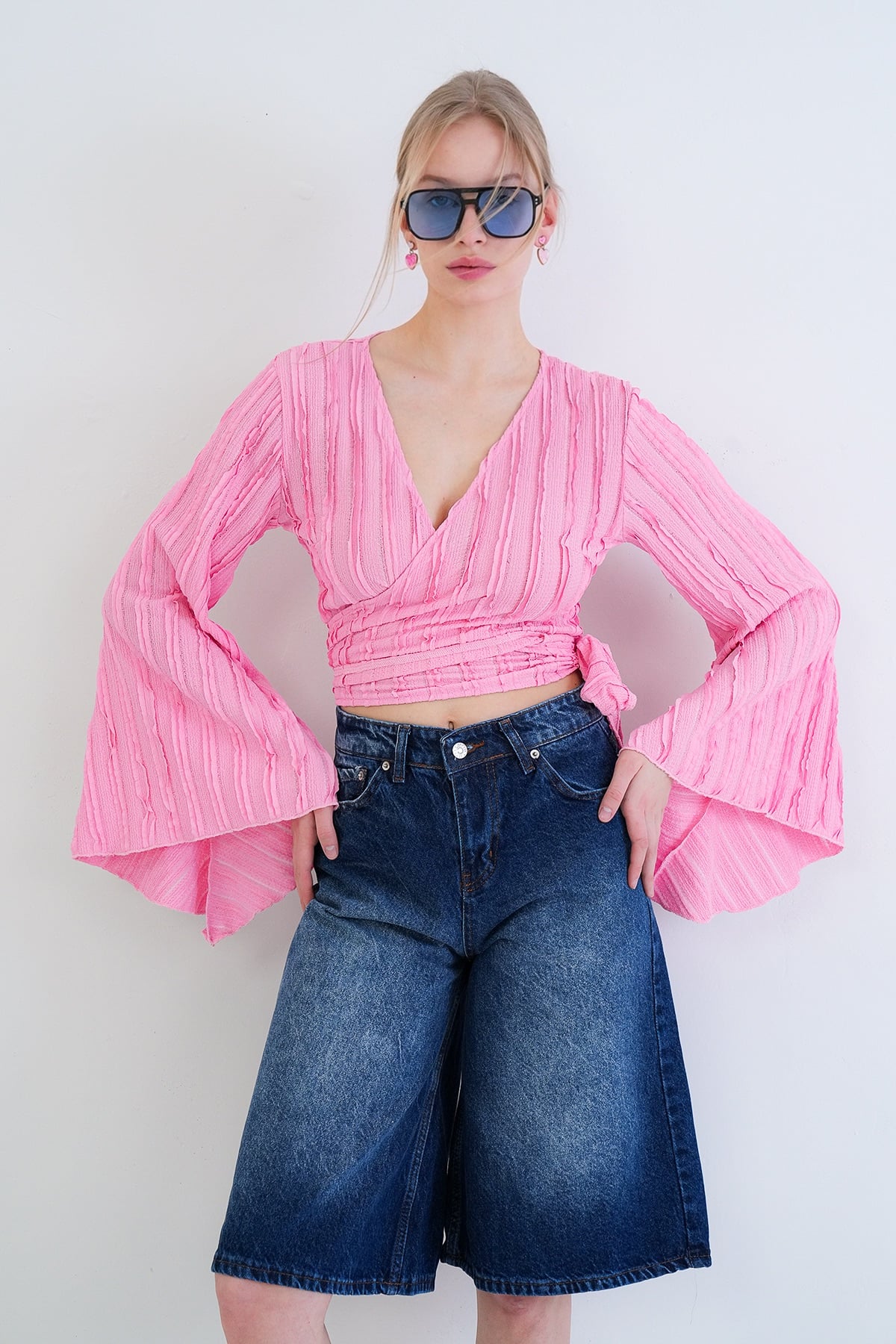 Kadın Pembe Kruvaze Yaka İspanyol Kol Crop Bluz Alc-X15427