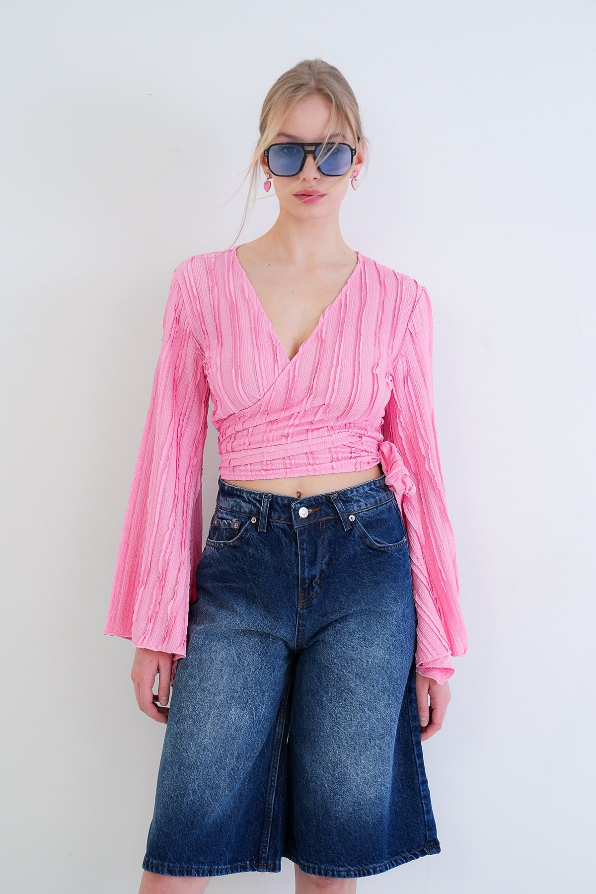 Kadın Pembe Kruvaze Yaka İspanyol Kol Crop Bluz Alc-X15427