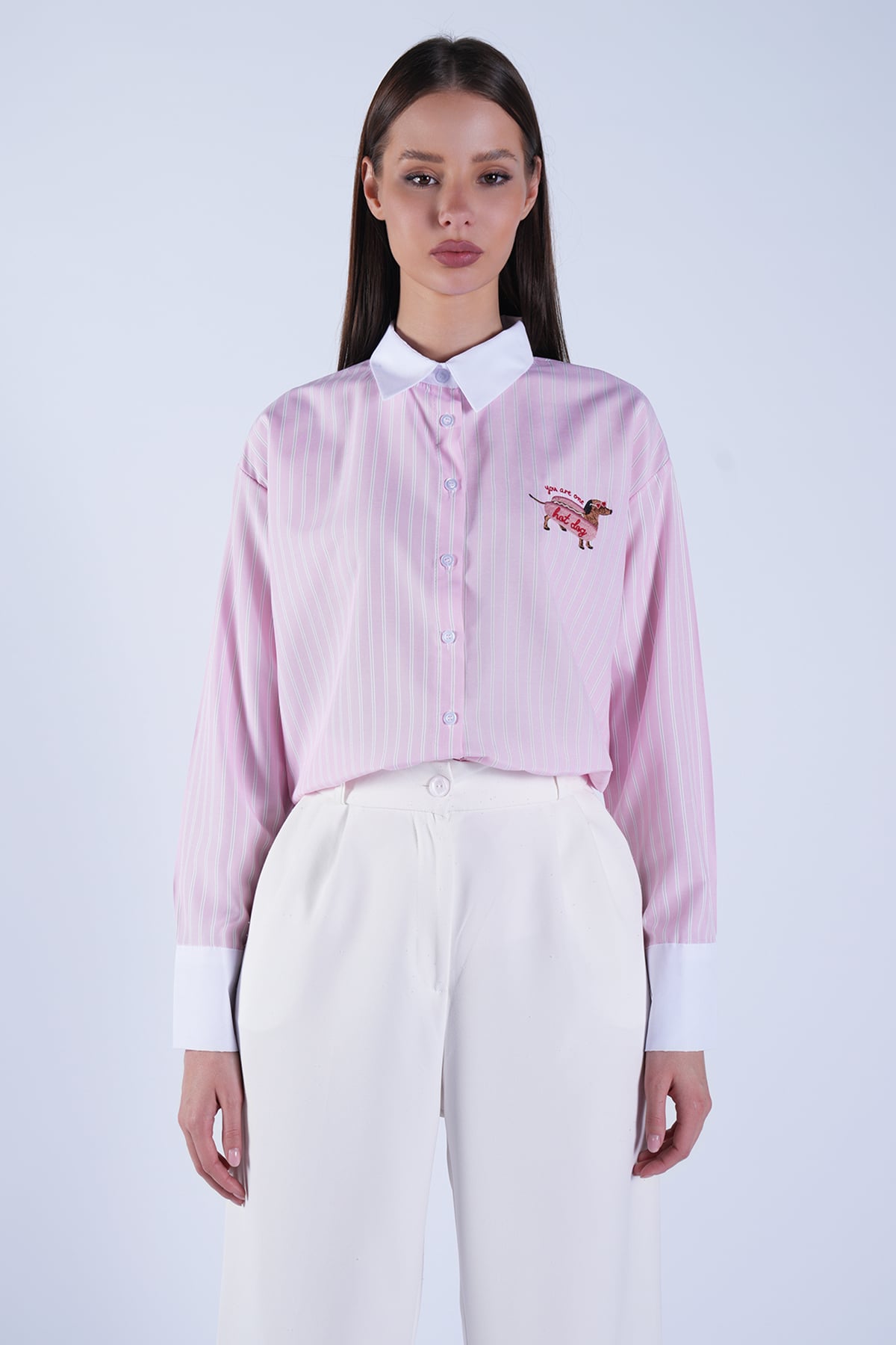 Kadın Pembe Nakış İşlemeli Çizgili Poplin Gömlek Alc-X15119