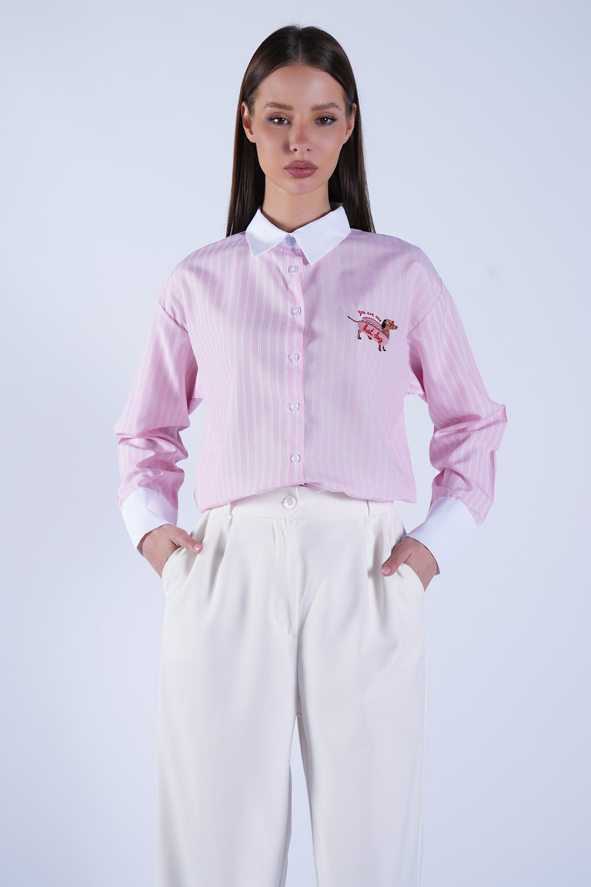 Kadın Pembe Nakış İşlemeli Çizgili Poplin Gömlek Alc-X15119