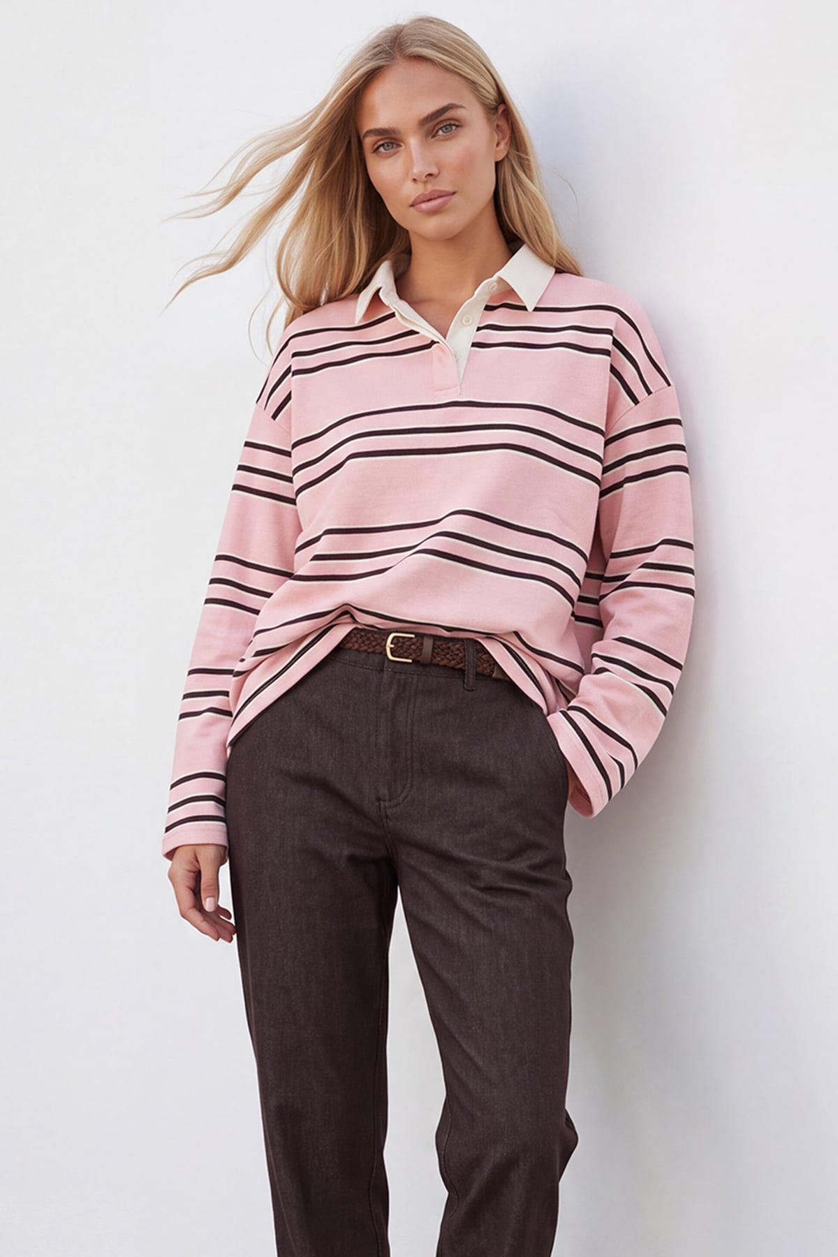 Kadın Pembe Polo Yaka Çizgili Sweatshirt Alc-X15948