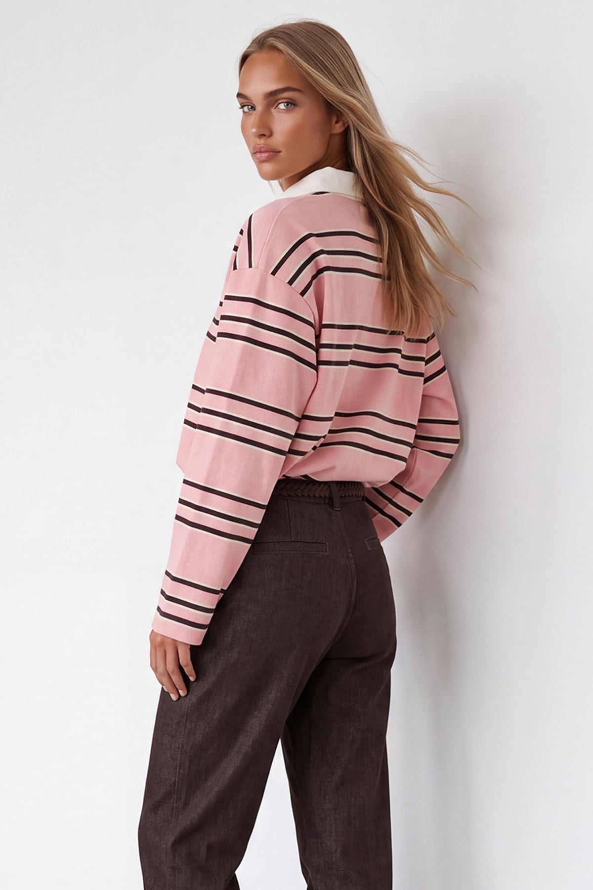 Kadın Pembe Polo Yaka Çizgili Sweatshirt Alc-X15948