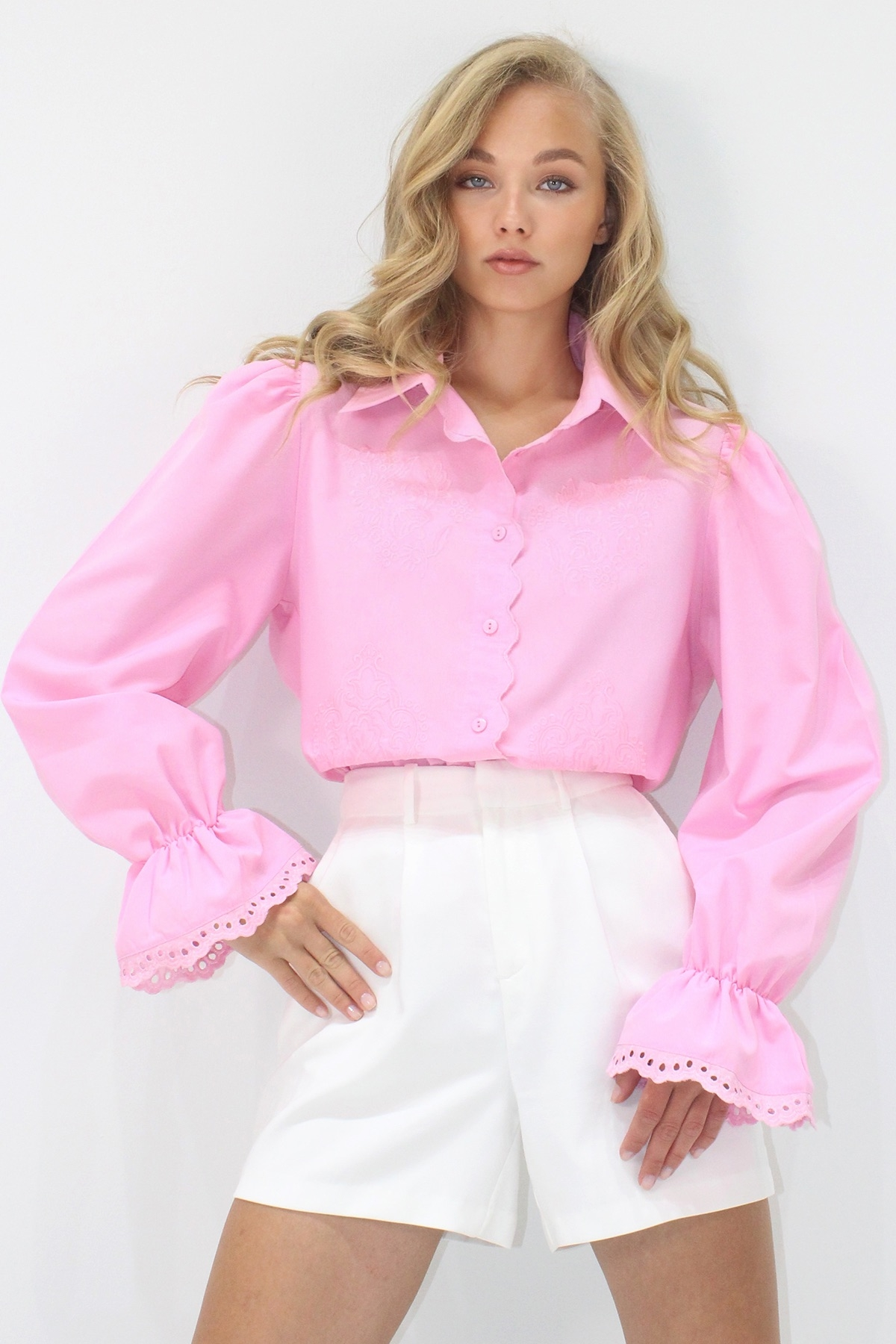 Kadın Pembe Prenses Kol Güpür Nakışlı Dokuma Gömlek Alc-X7829