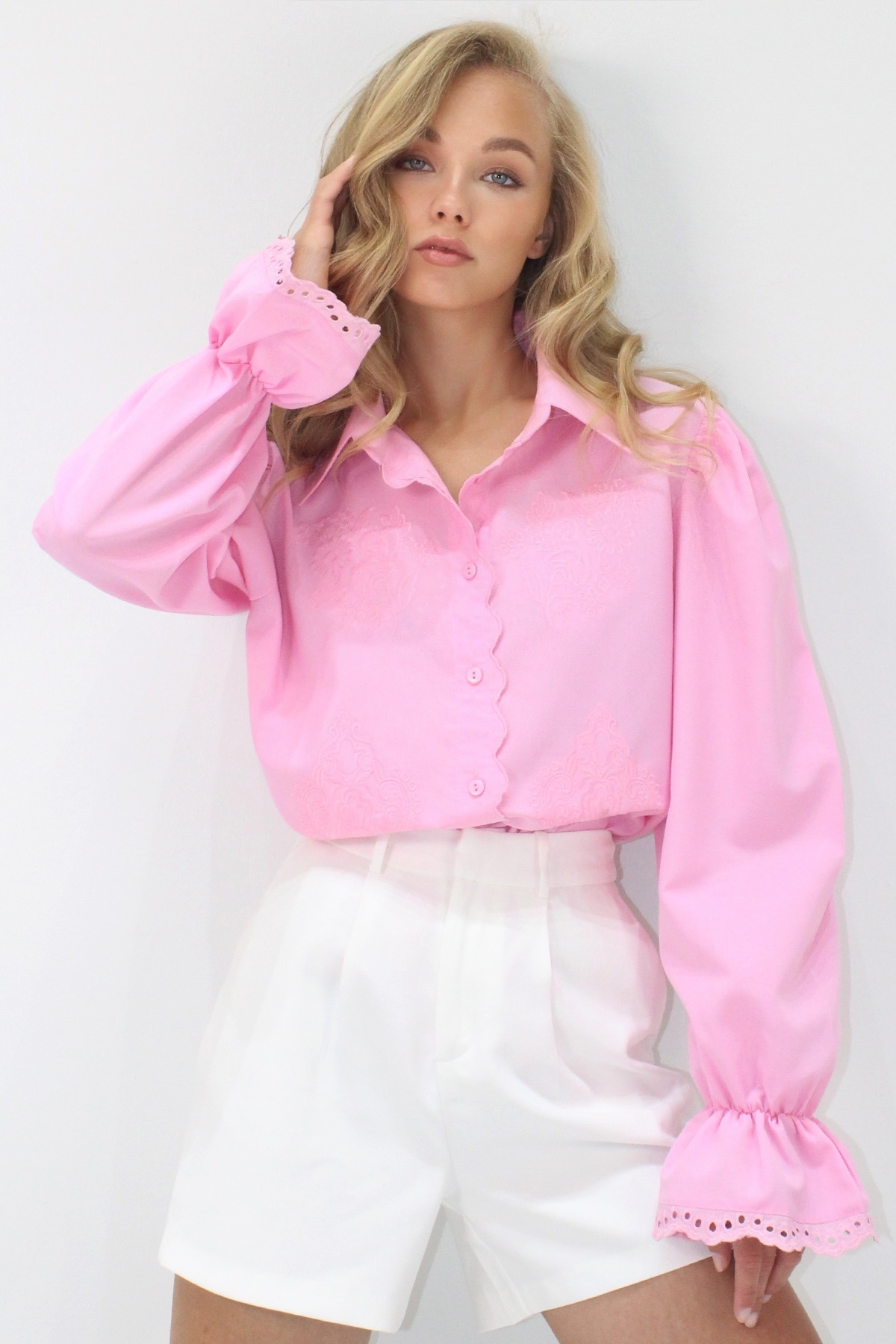 Kadın Pembe Prenses Kol Güpür Nakışlı Dokuma Gömlek Alc-X7829