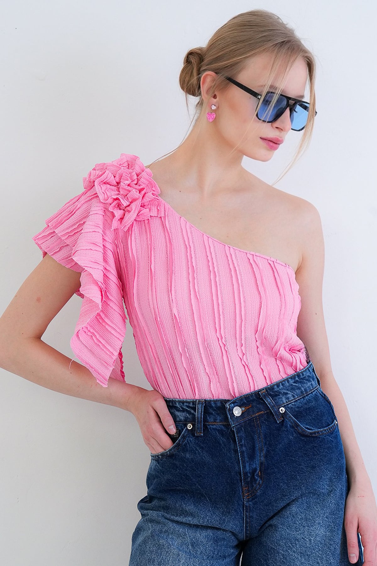 Kadın Pembe Tek Omuz Detaylı Bluz Alc-X12191