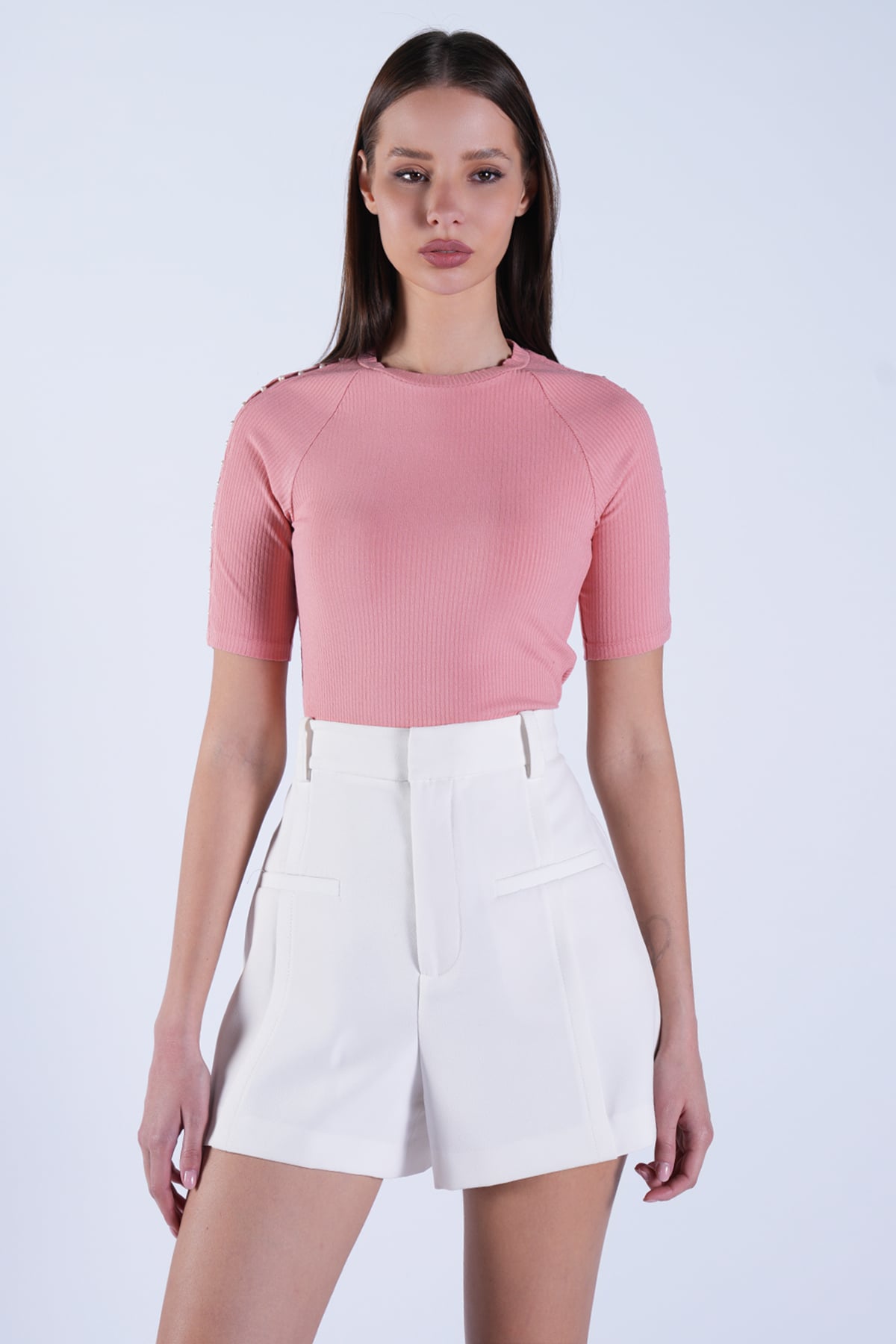 Kadın Pudra Pembe Bisiklet Yaka Kolu İncili Crop Bluz Alc-X15105