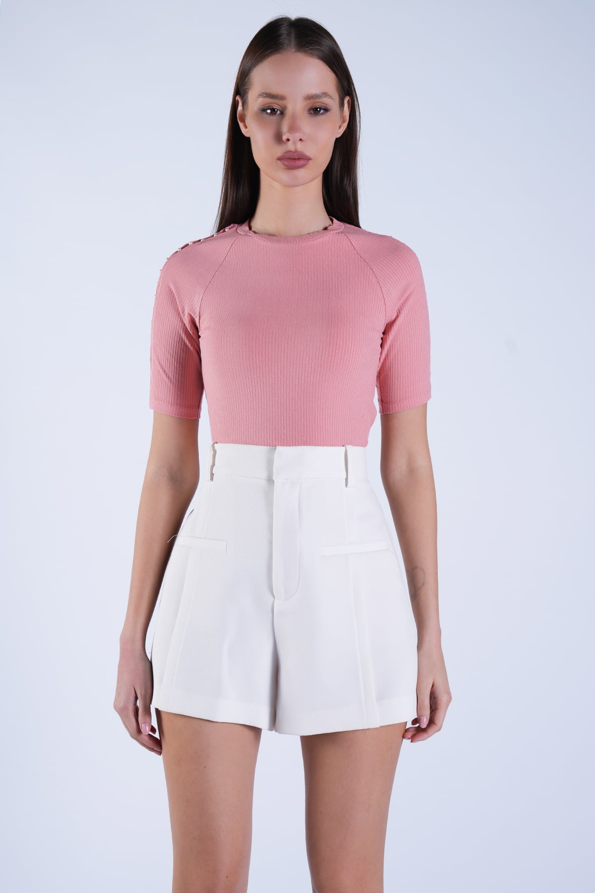 Kadın Pudra Pembe Bisiklet Yaka Kolu İncili Crop Bluz Alc-X15105