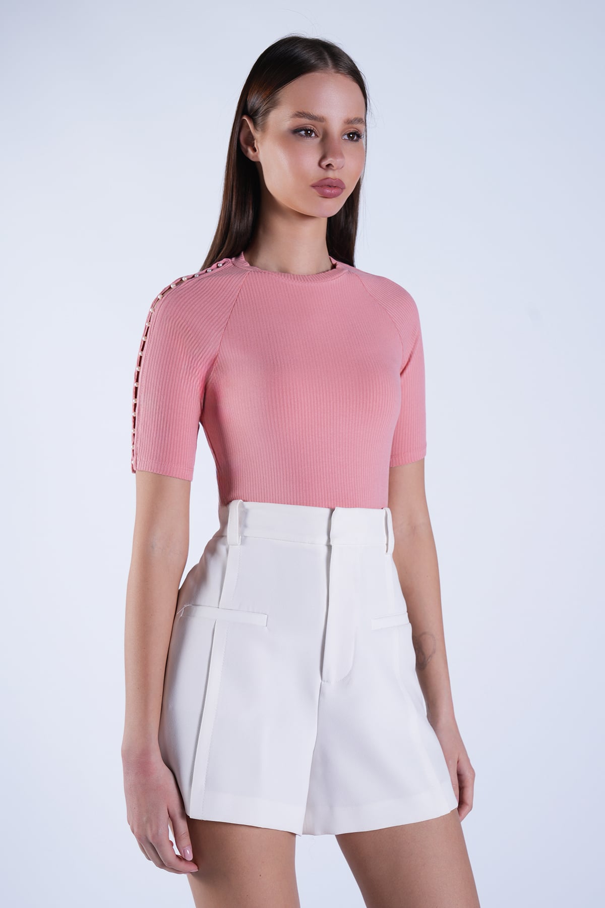 Kadın Pudra Pembe Bisiklet Yaka Kolu İncili Crop Bluz Alc-X15105