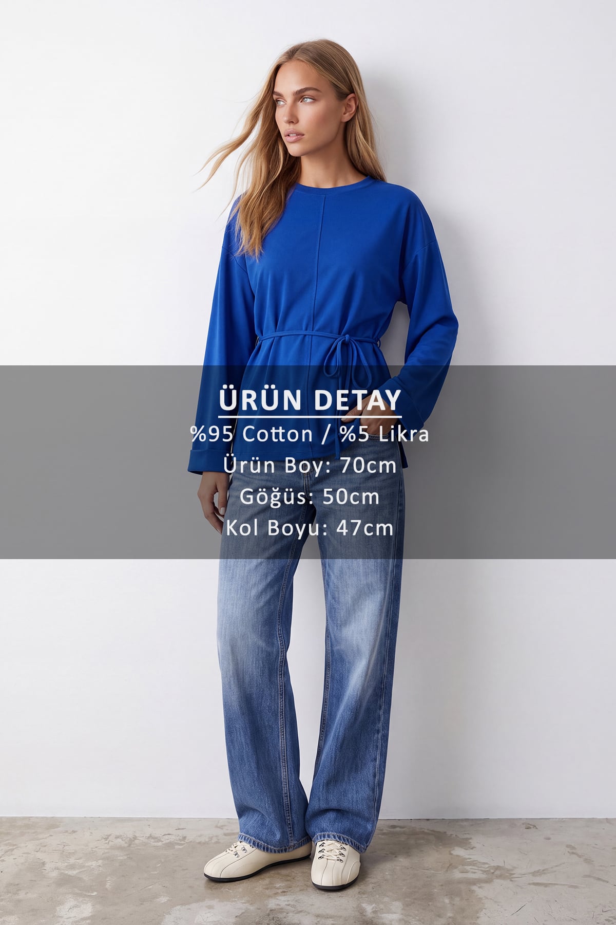 Kadın Saks Bisiklet Yaka Duble Manşetli Bağlama Detaylı Bluz Alc-X14715