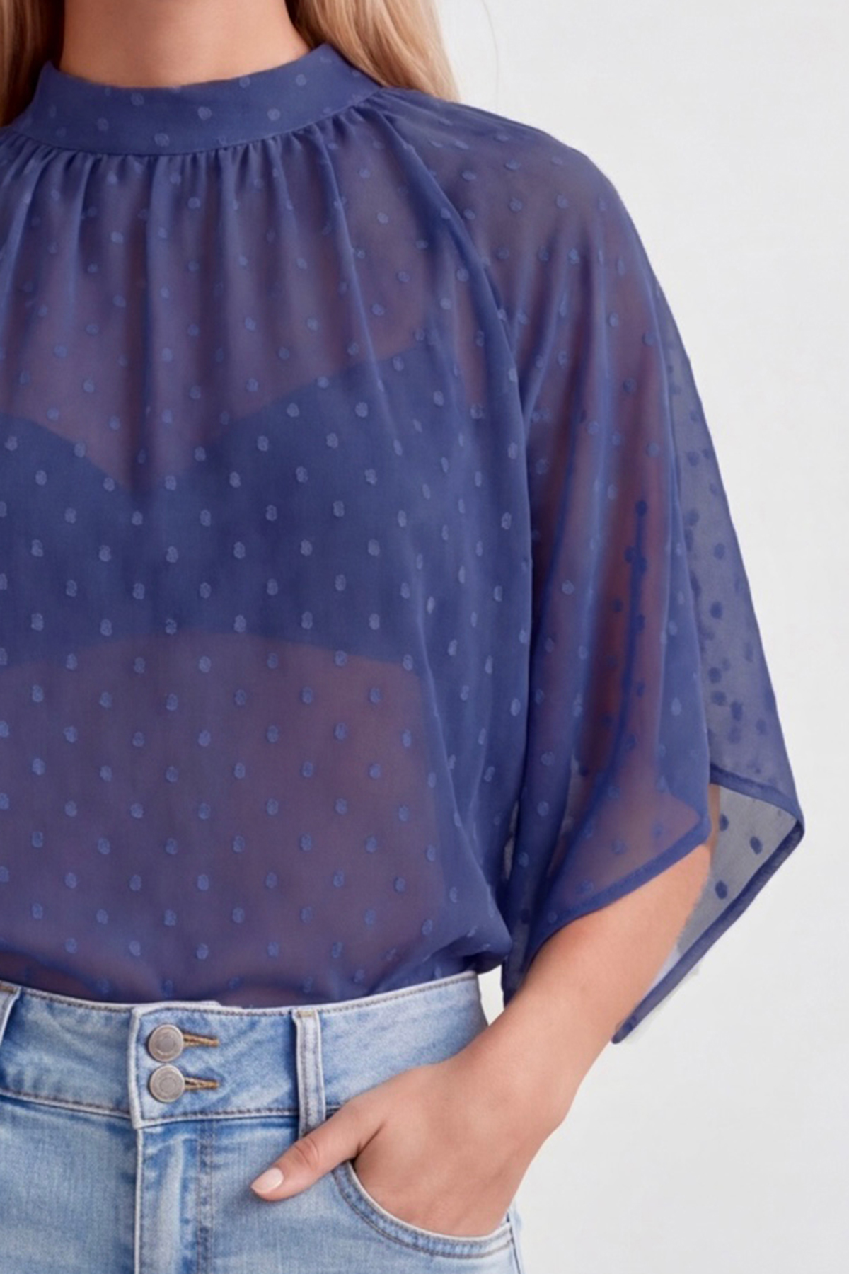 Kadın Saks Dik Yaka Bağlamalı Drape Detaylı Şifon Bluz Alc-X15480