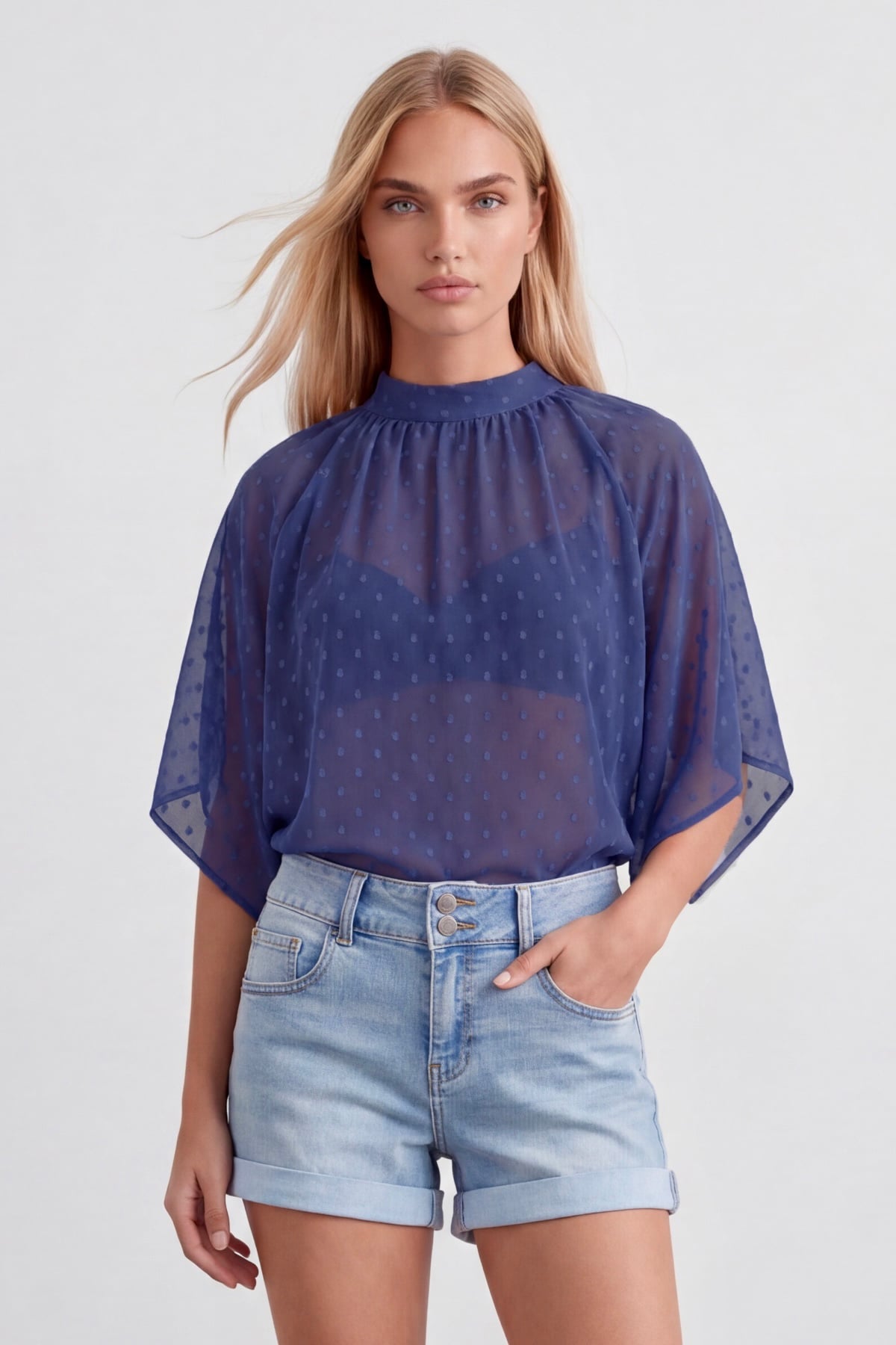 Kadın Saks Dik Yaka Bağlamalı Drape Detaylı Şifon Bluz Alc-X15480