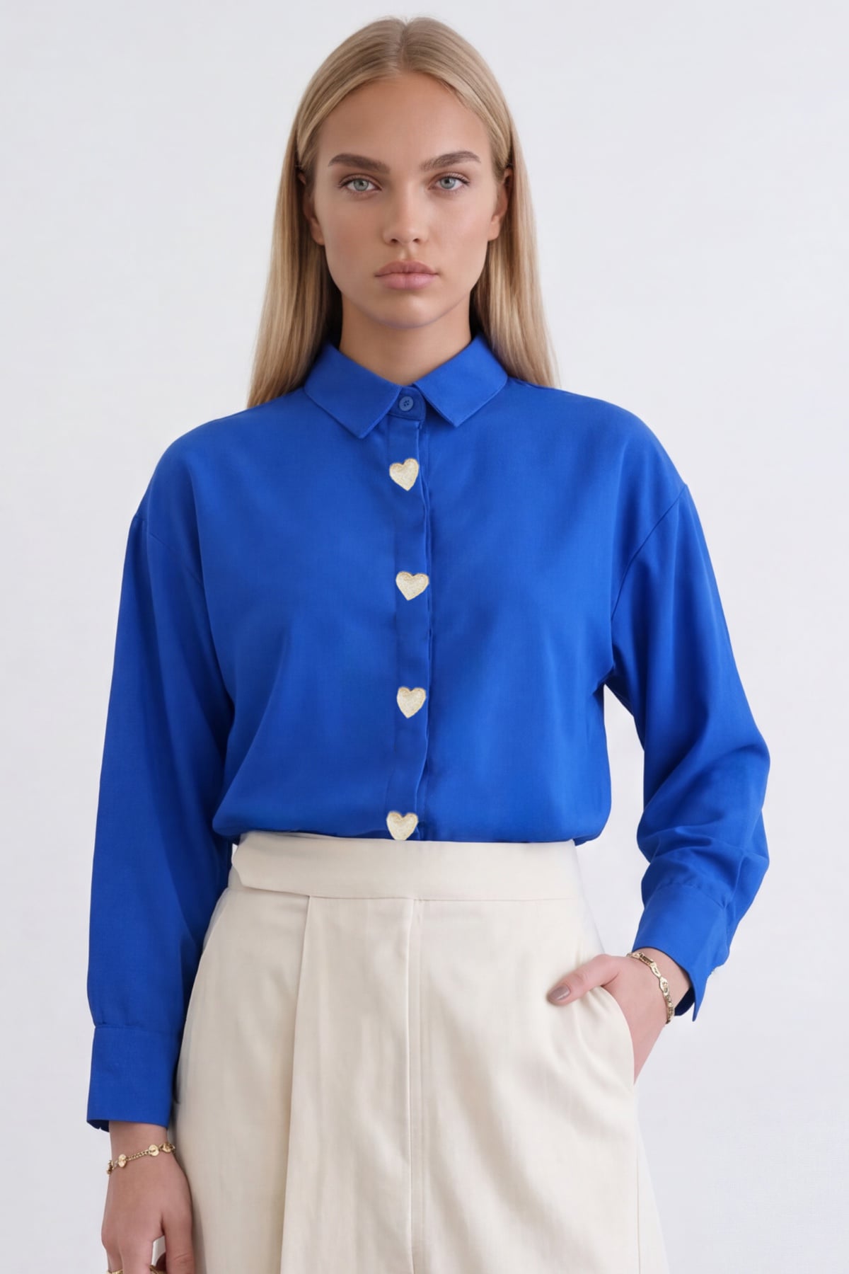 Kadın Saks Kalp Düğmeli Oversize Poplin Gömlek Alc-X13935