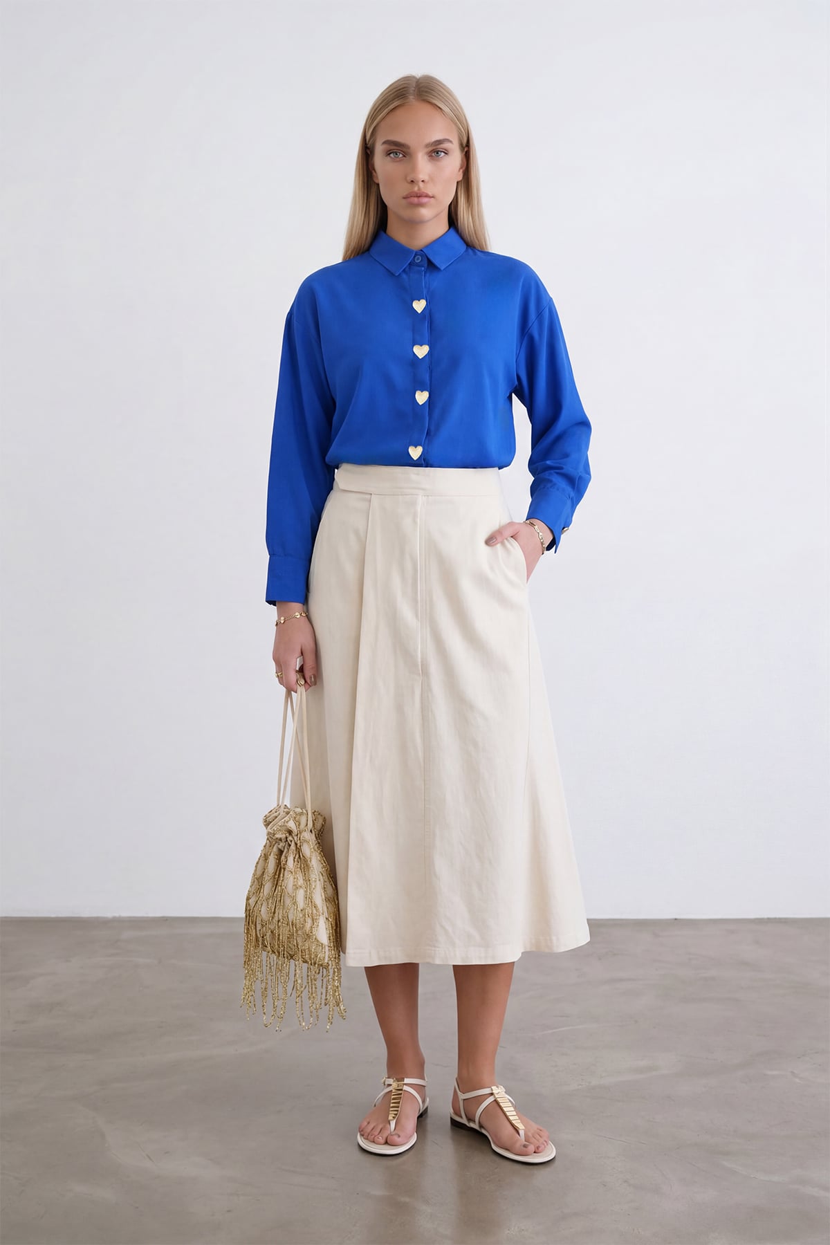 Kadın Saks Kalp Düğmeli Oversize Poplin Gömlek Alc-X13935