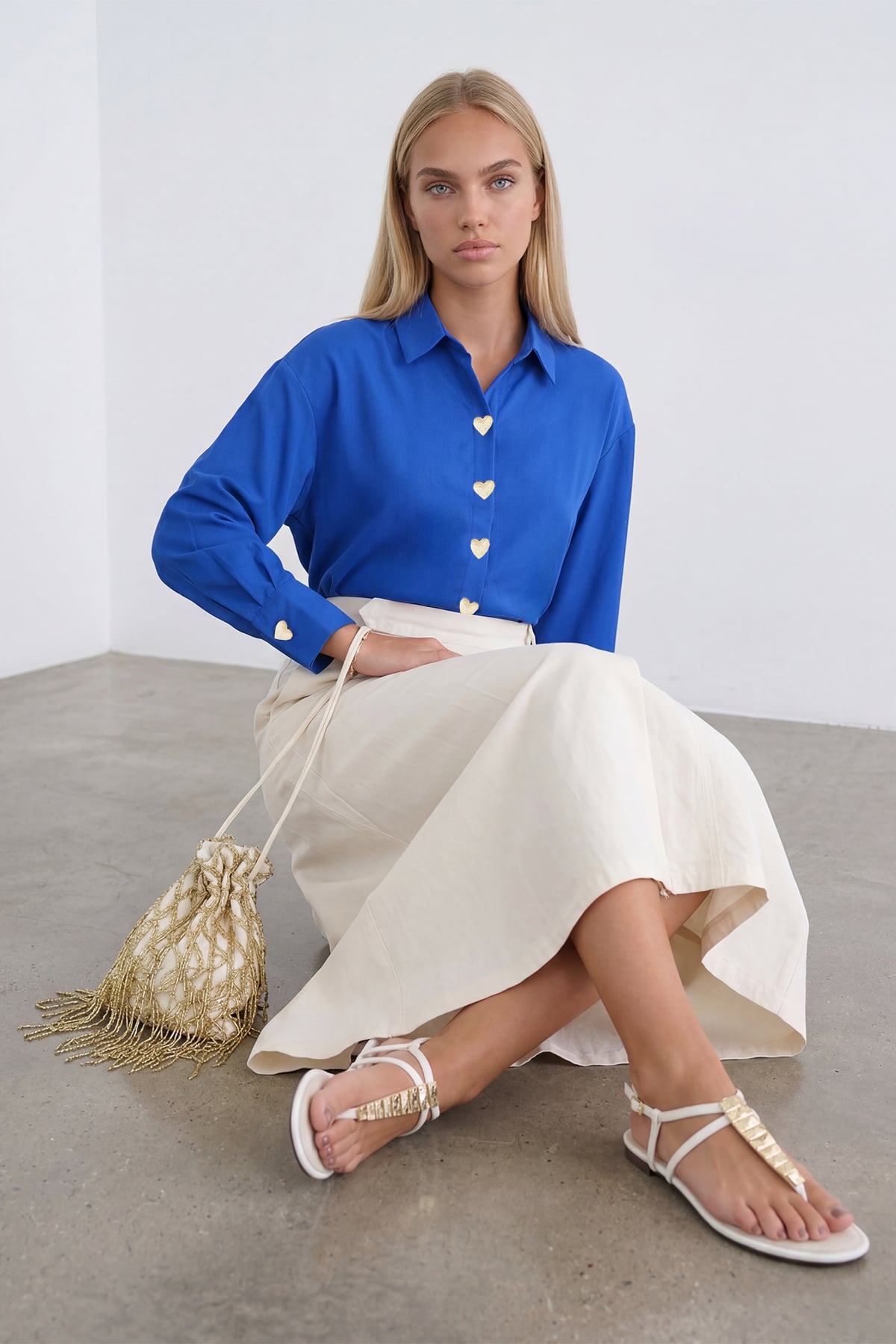 Kadın Saks Kalp Düğmeli Oversize Poplin Gömlek Alc-X13935