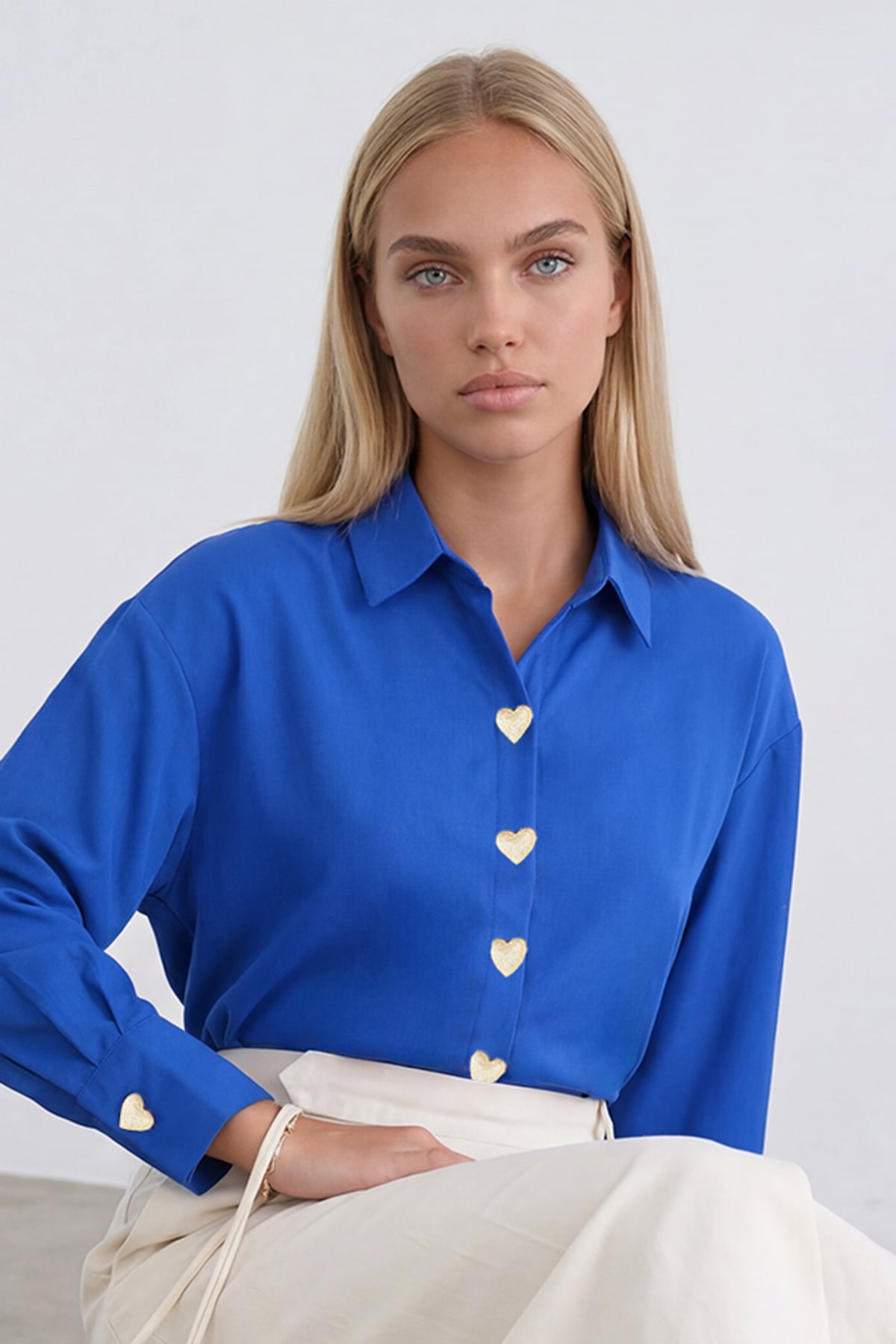 Kadın Saks Kalp Düğmeli Oversize Poplin Gömlek Alc-X13935