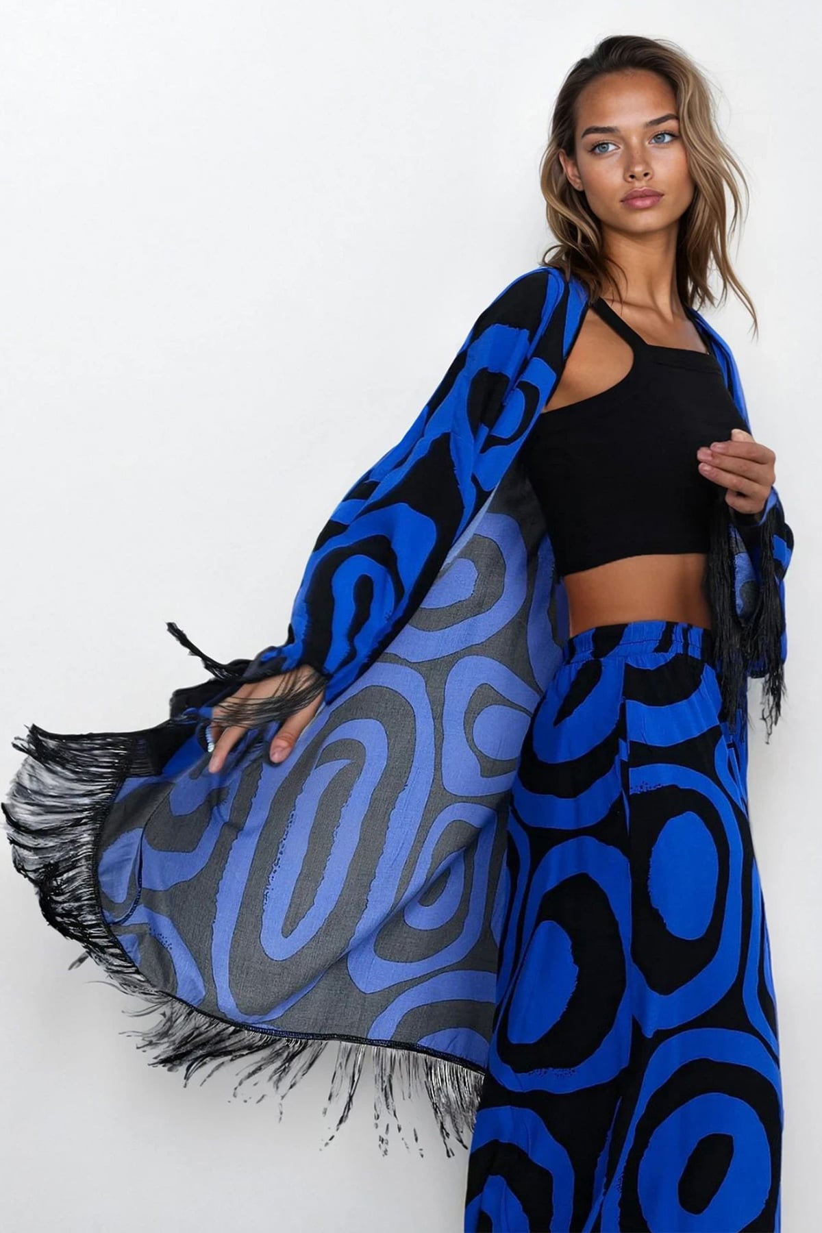 Kadın Saks Püsküllü Kimono Beli Lastikli Ve Çift Cepli Büyük Beden Alt Üst Takım VS00351