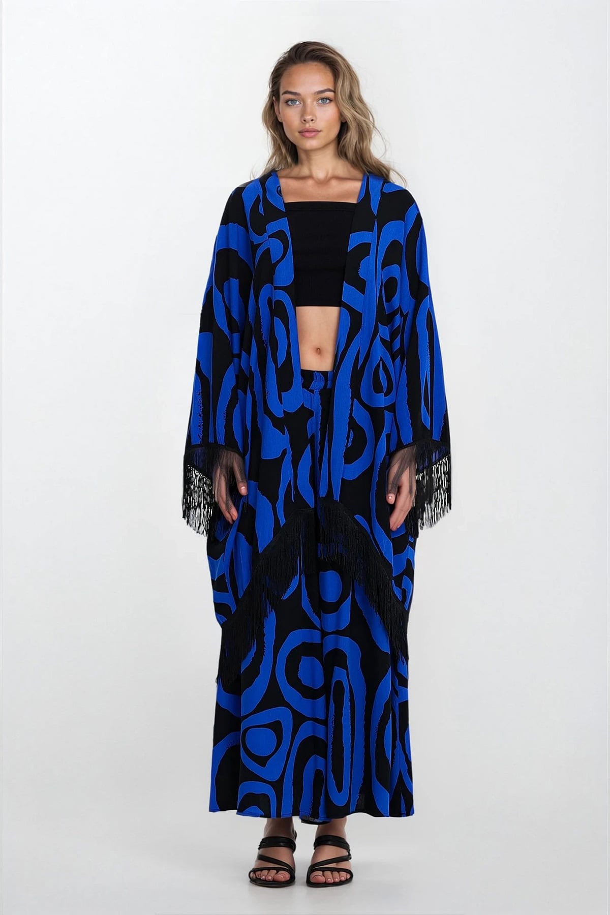 Kadın Saks Püsküllü Kimono Beli Lastikli Ve Çift Cepli Büyük Beden Alt Üst Takım VS00351