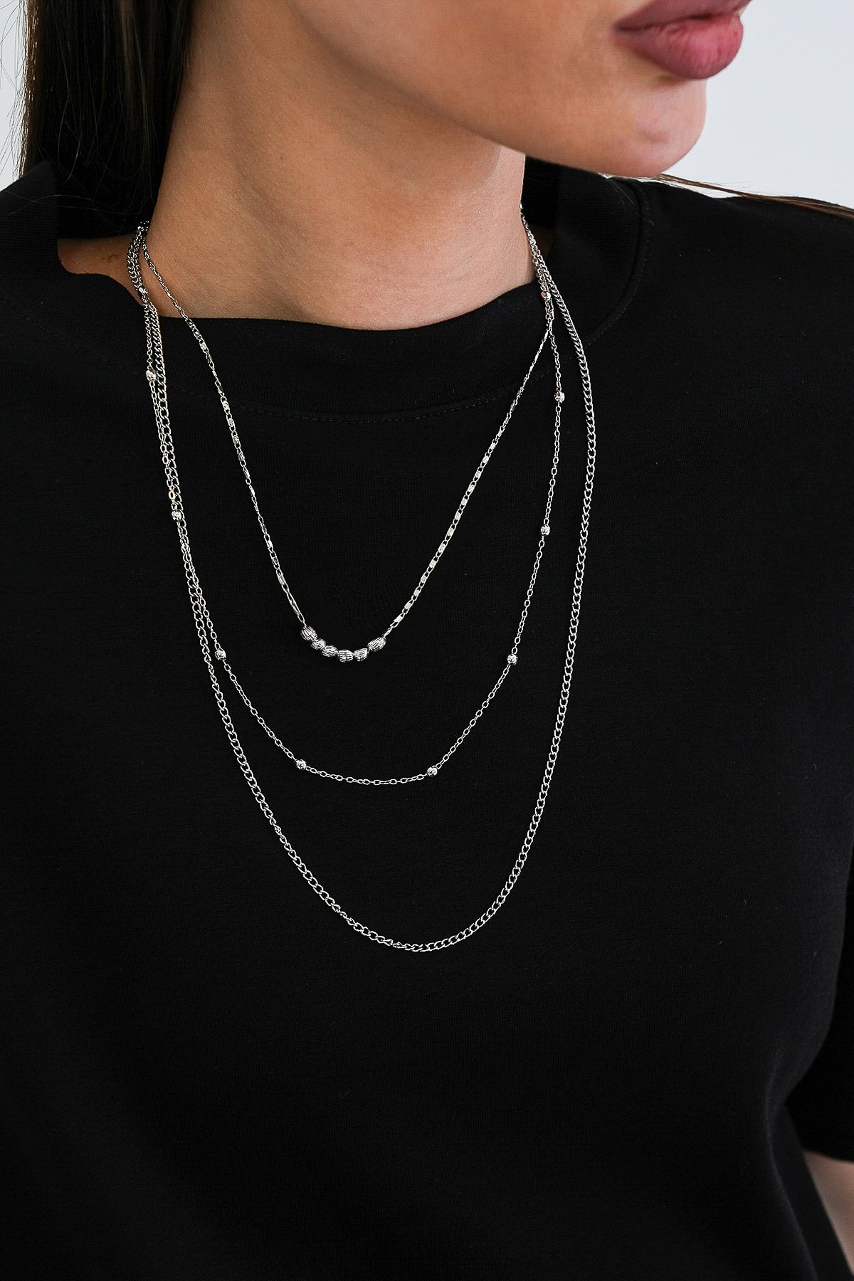 Kadın Silver Çelik 3 Lü Zincir Dorika Kolye Seti Alc-X15341