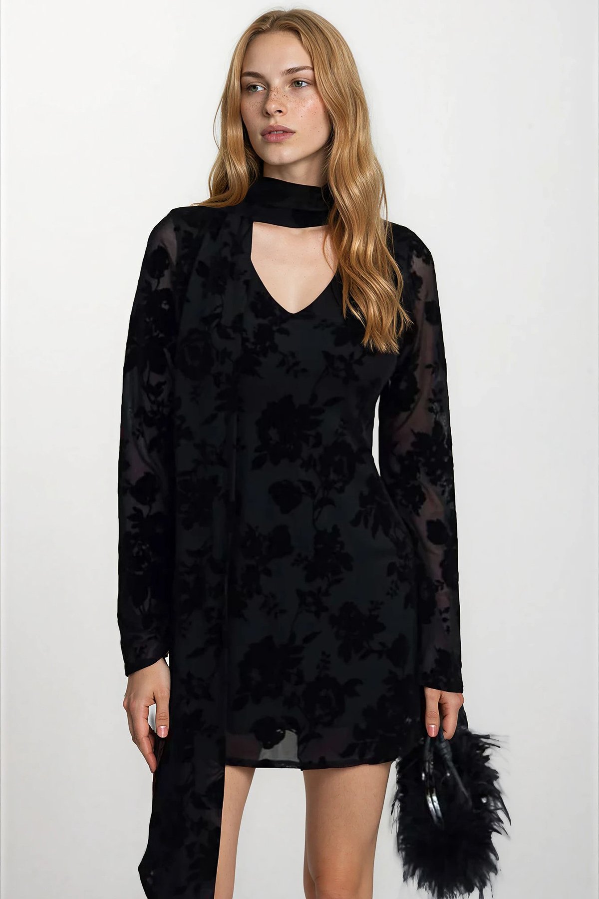 Kadın Siyah Atkı Detaylı İçi Astarlı Mini Dantel Elbise Alc-X15302