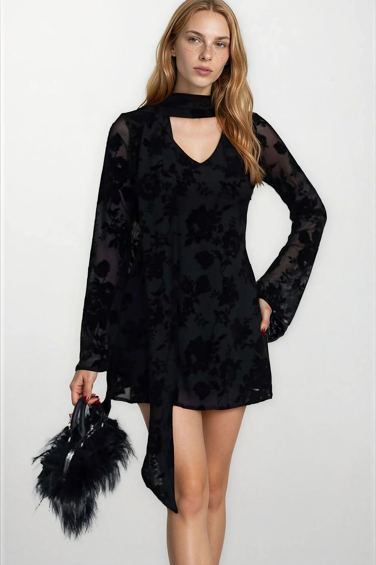 Kadın Siyah Atkı Detaylı İçi Astarlı Mini Dantel Elbise Alc-X15302