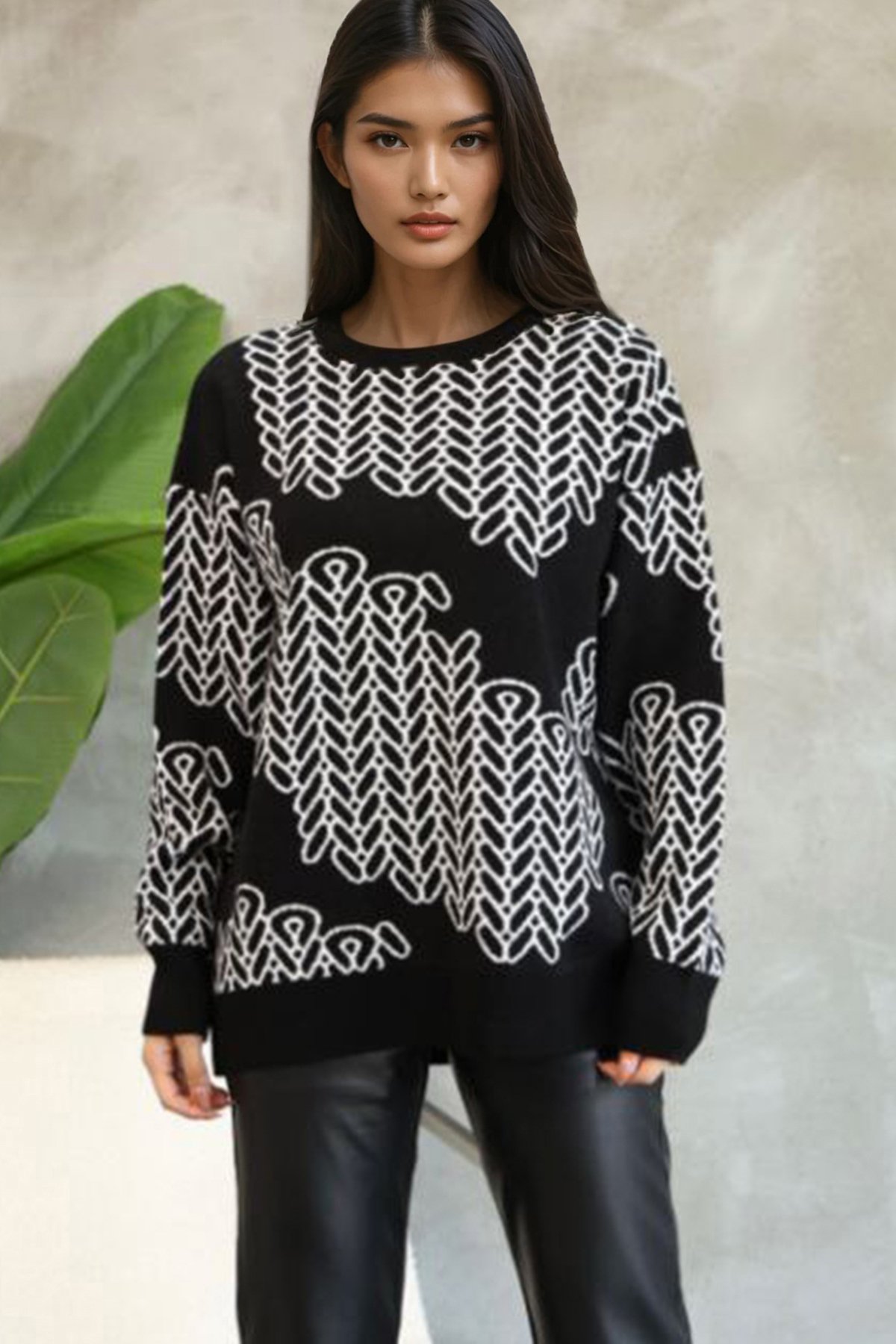 Kadın Siyah Bisiklet Yaka Desenli Triko Kazak Alc-X14741