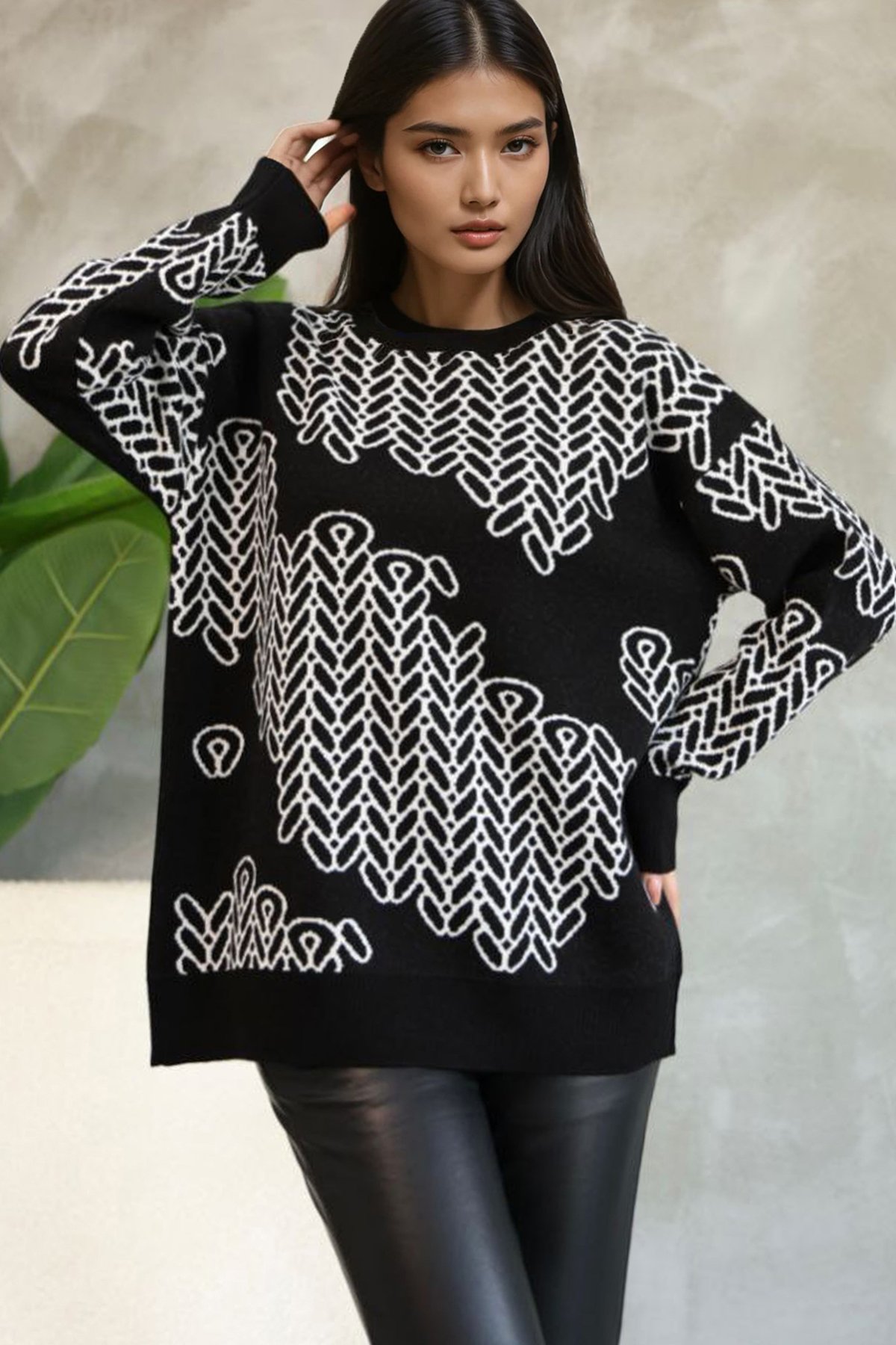 Kadın Siyah Bisiklet Yaka Desenli Triko Kazak Alc-X14741