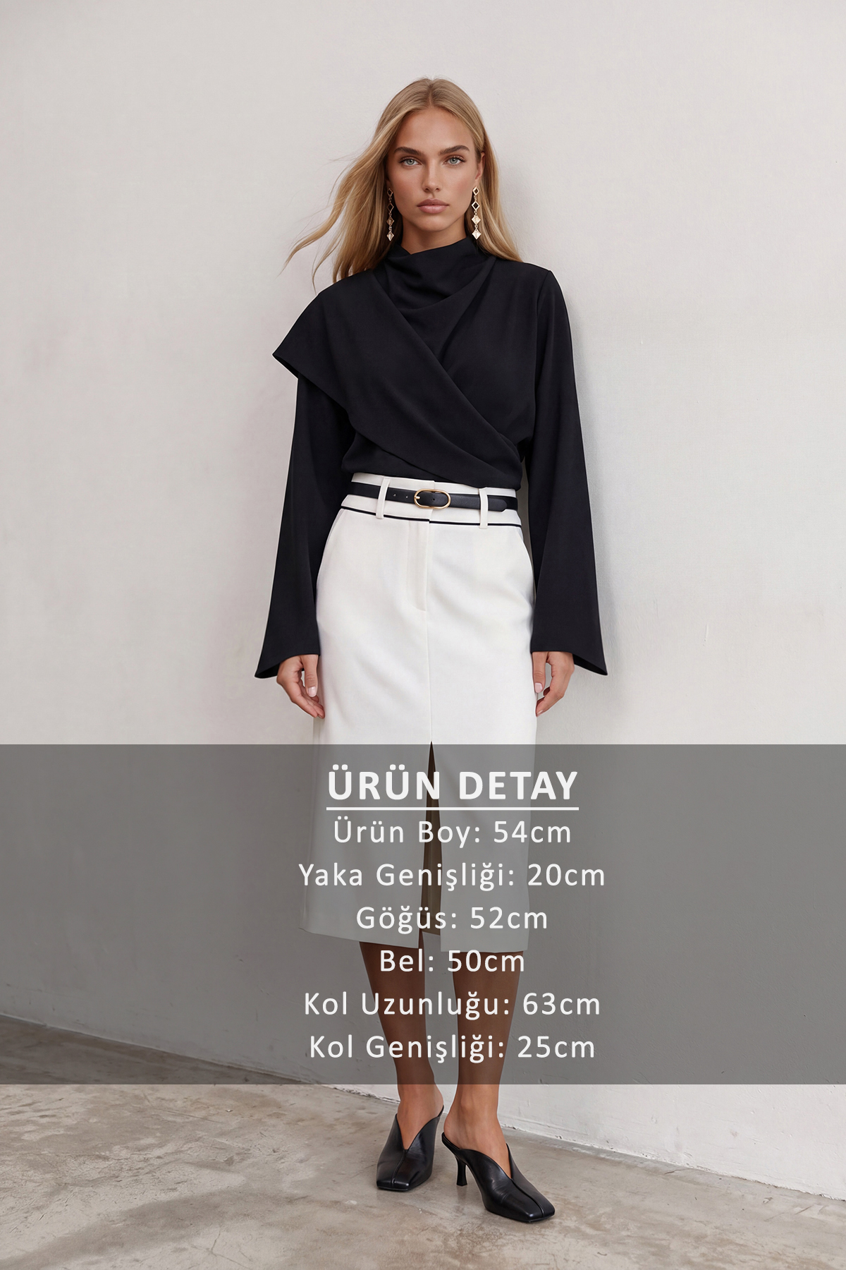 Kadın Siyah Bisiklet Yaka Kendinden Şal Detaylı Geniş Kesim Tasarım Bluz ALC-X14420