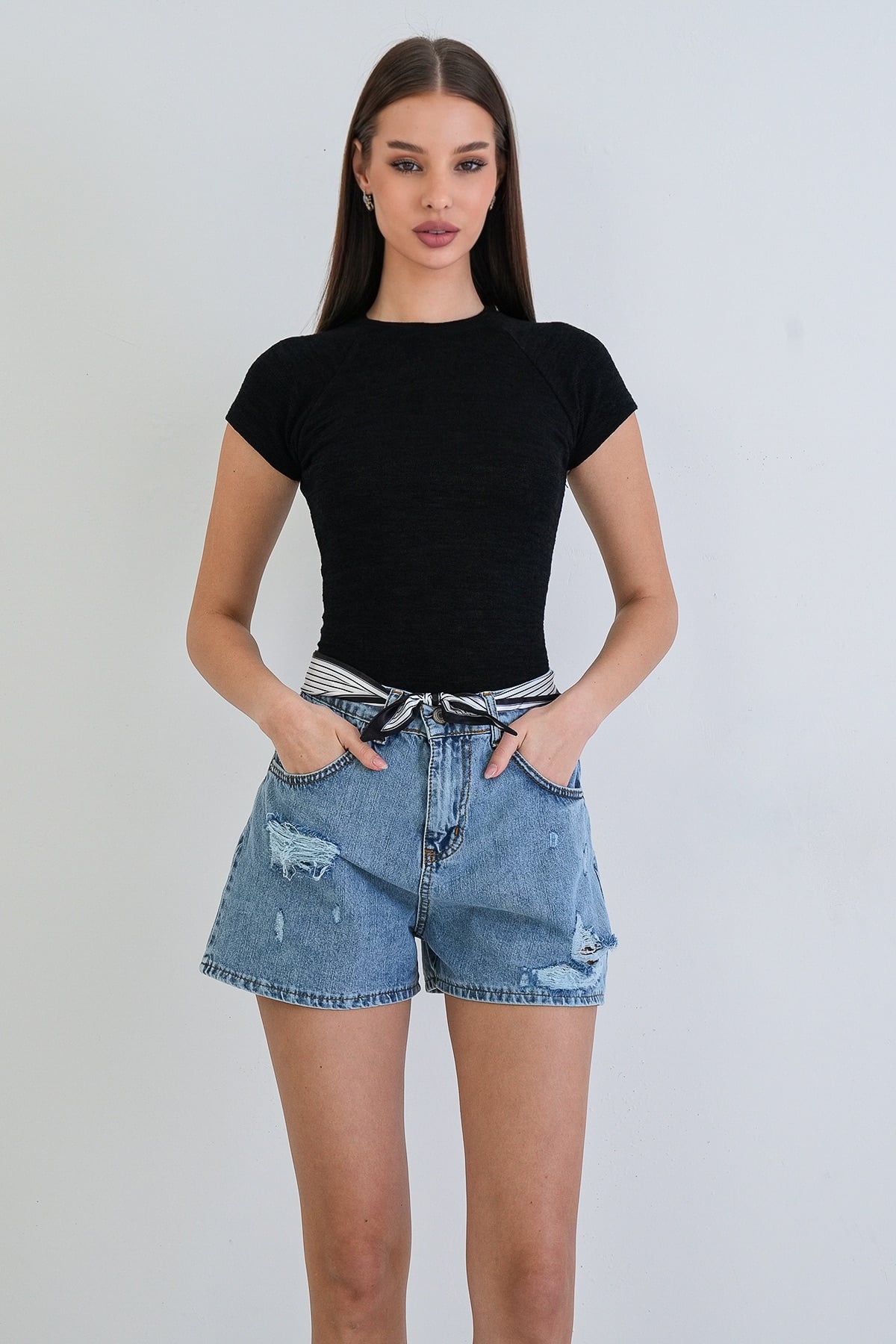 Kadın Siyah Bisiklet Yaka Reglan Kol Likralı Örme Bluz Alc-X15388