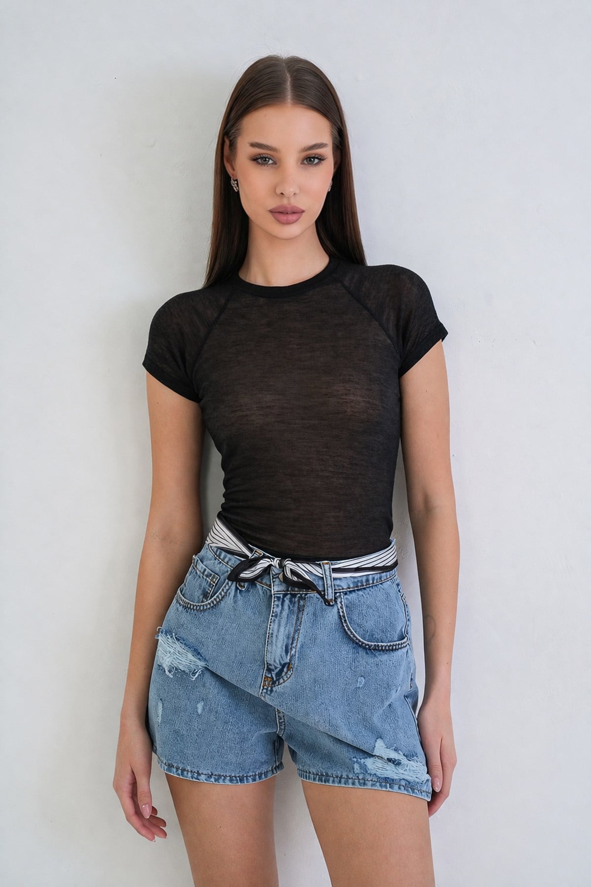 Kadın Siyah Bisiklet Yaka Reglan Kol Likralı Transparan Bluz Alc-X15462
