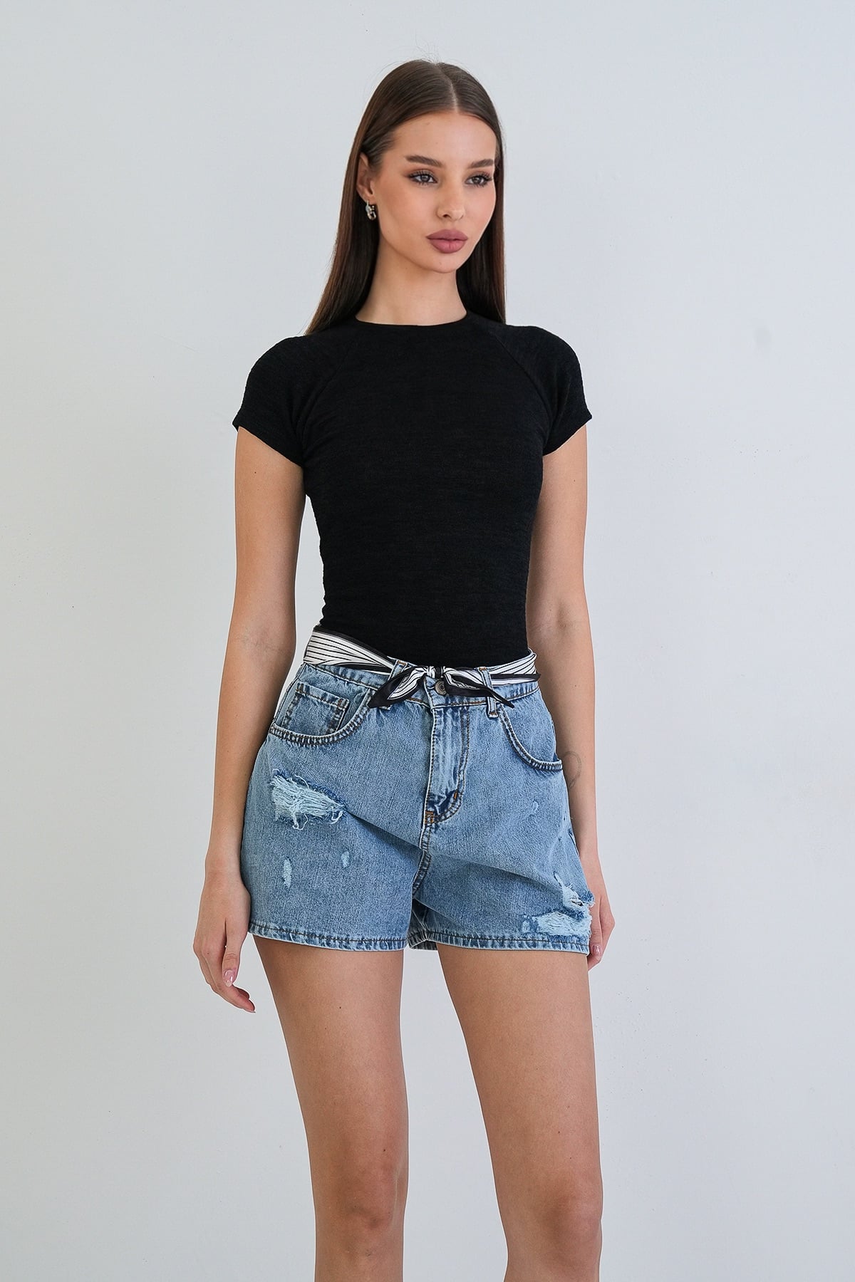 Kadın Siyah Bisiklet Yaka Reglan Kol Likralı Örme Bluz Alc-X15388