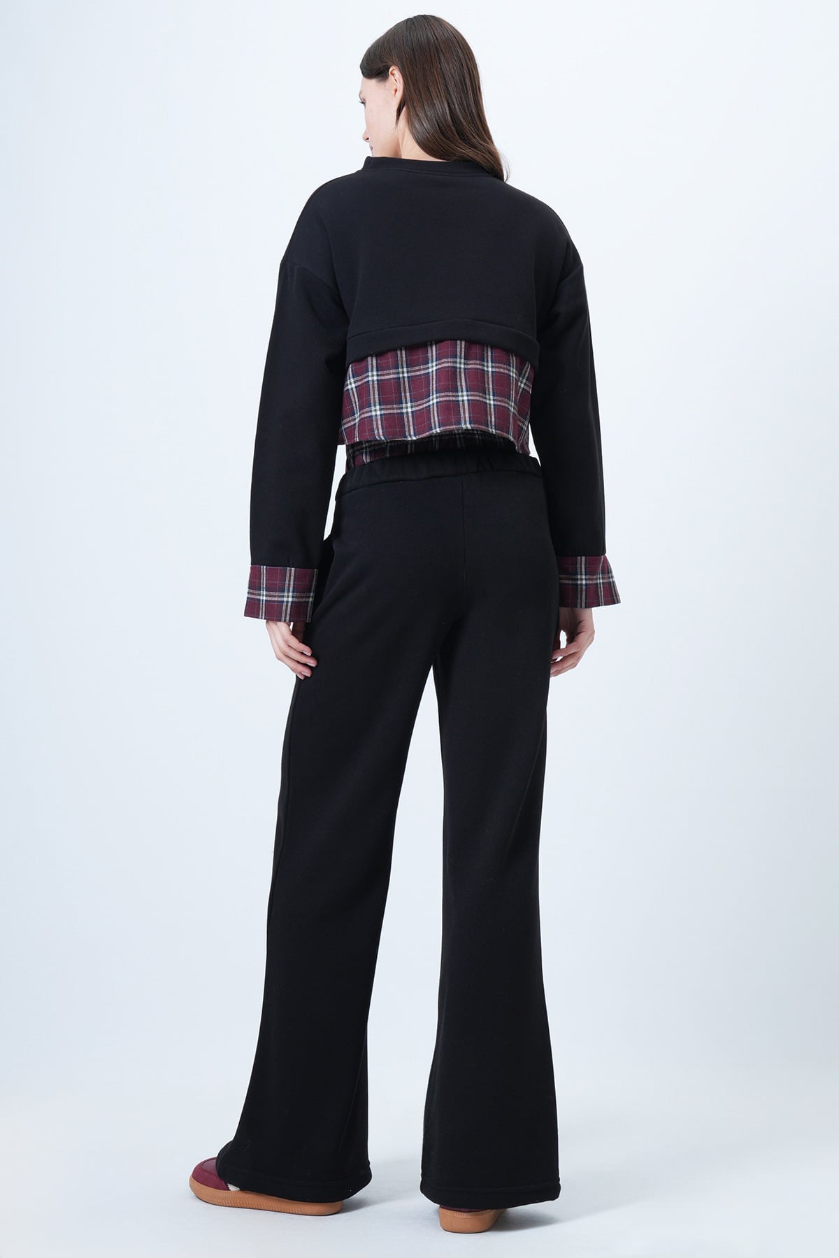 Kadın SİYAH-BORDO Ekose Detaylı Sweatshirt Ve Geniş Paça Pantolon Takım VS01524
