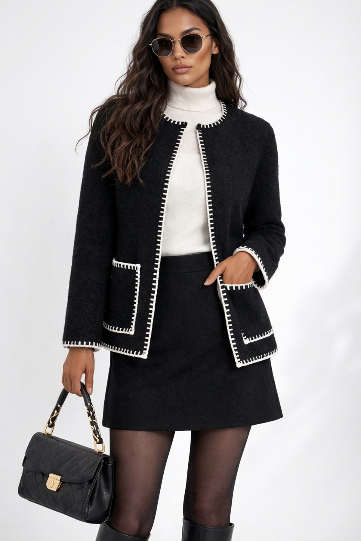 Kadın Siyah Çift Cepli Çoban Dikişli Triko Ceket Alc-X15312