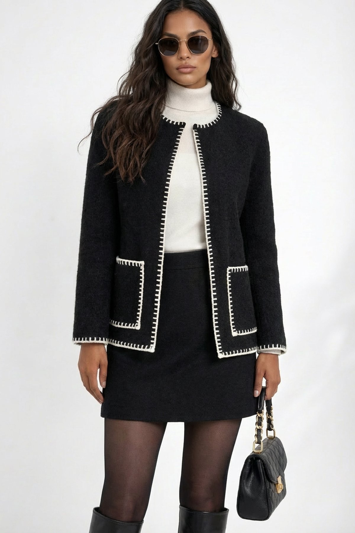 Kadın Siyah Çift Cepli Çoban Dikişli Triko Ceket Alc-X15312