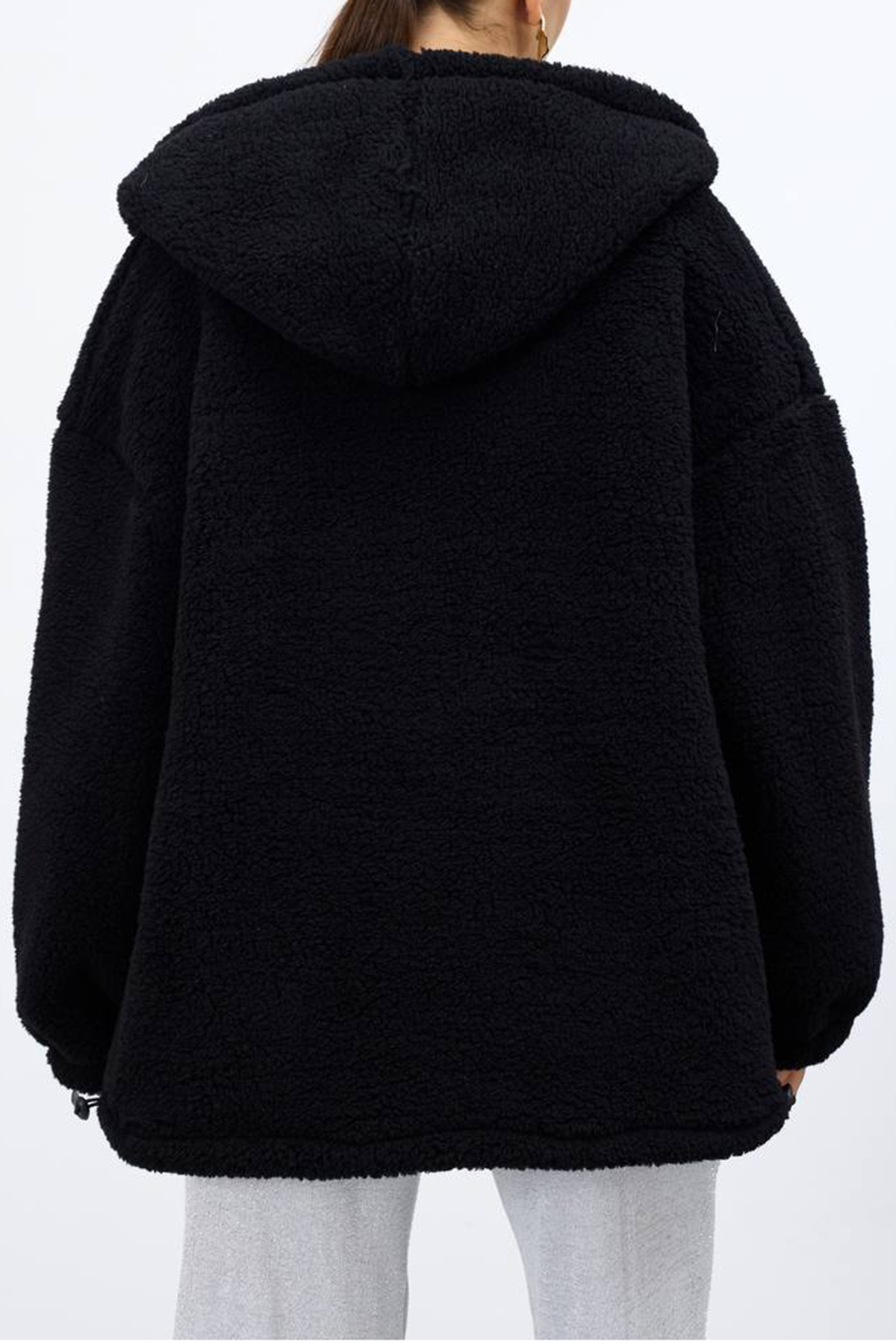 Kadın SİYAH Çift Cepli Fermuar Kapamalı Kapüşonlu Peluş Ceket VS01682