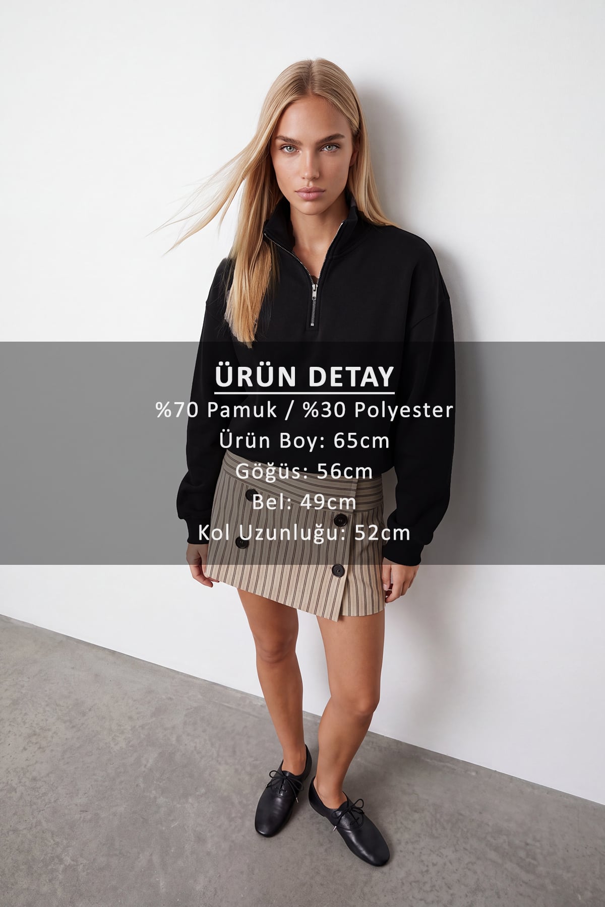 Kadın Siyah Dik Yaka Fermuarlı 3 İplik İçi Şardonlu Oversize Sweatshirt Alc-X15729