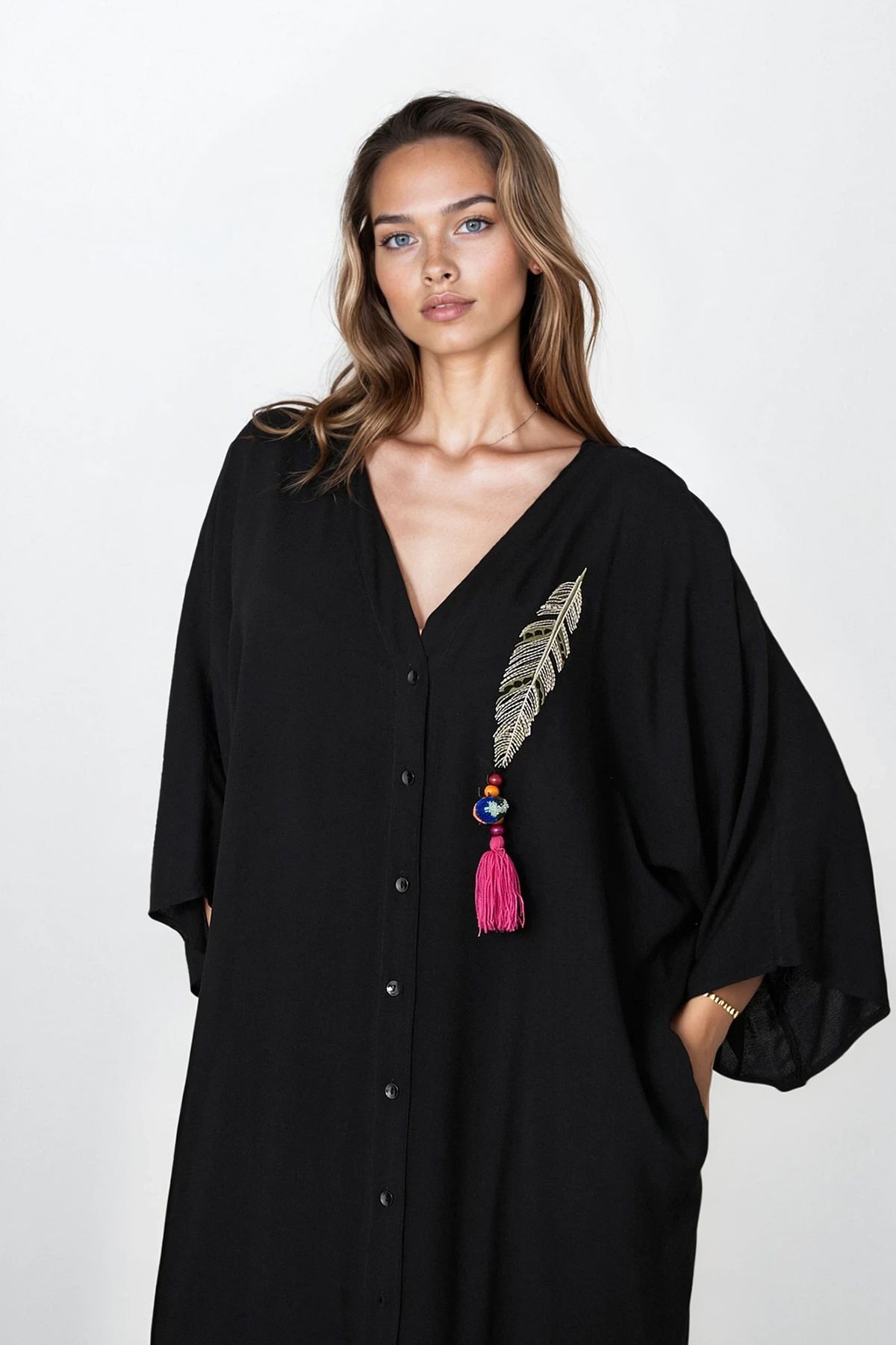 Kadın SİYAH Düğmeli Çift Cepli Nakışlı Büyük Beden Elbise VS00313