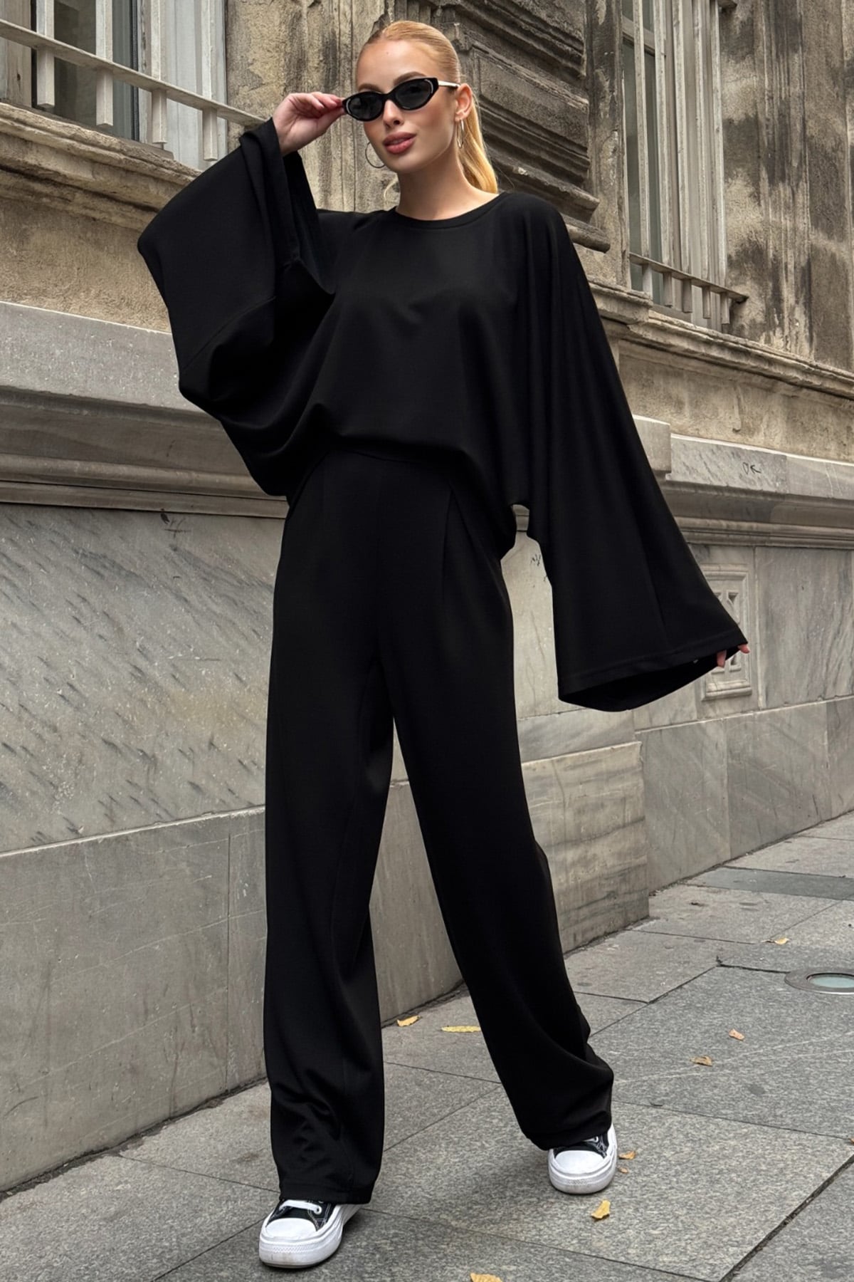 Kadın SİYAH Geniş Kol Detaylı Oversize İkili Takım VS01583